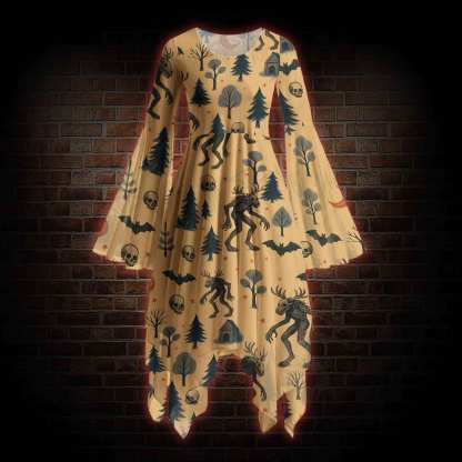 Wendigo in the Forest Bell-sleeve Handkerchief-hem Dress