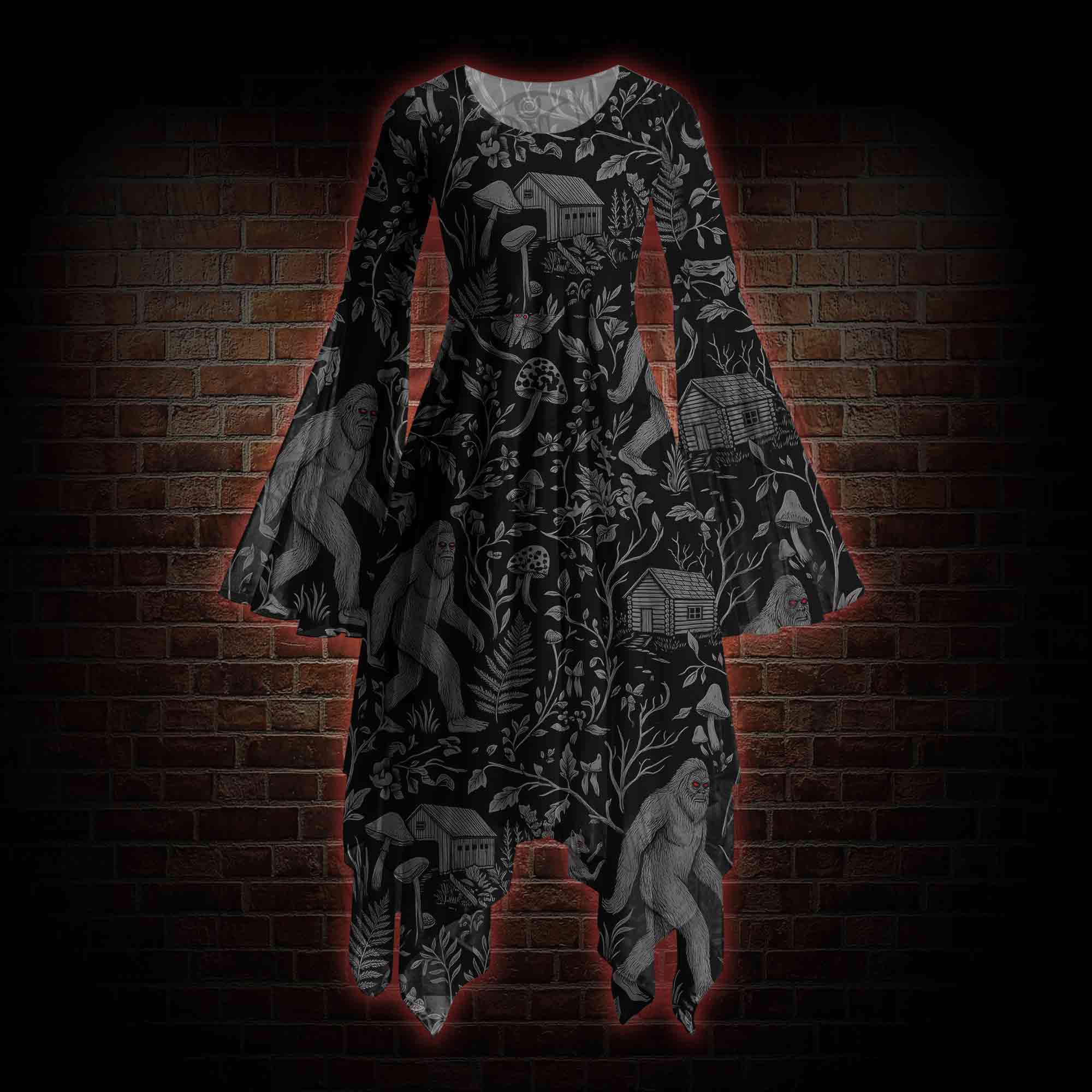 Cryptid Forest Bell-sleeve Handkerchief-hem Dress