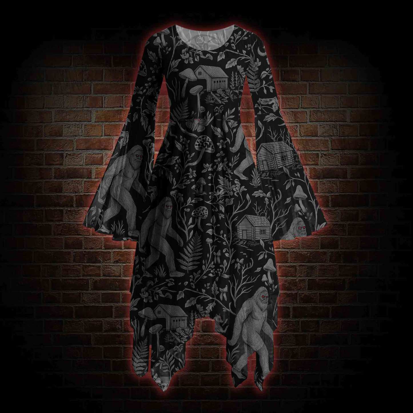 Cryptid Forest Bell-sleeve Handkerchief-hem Dress