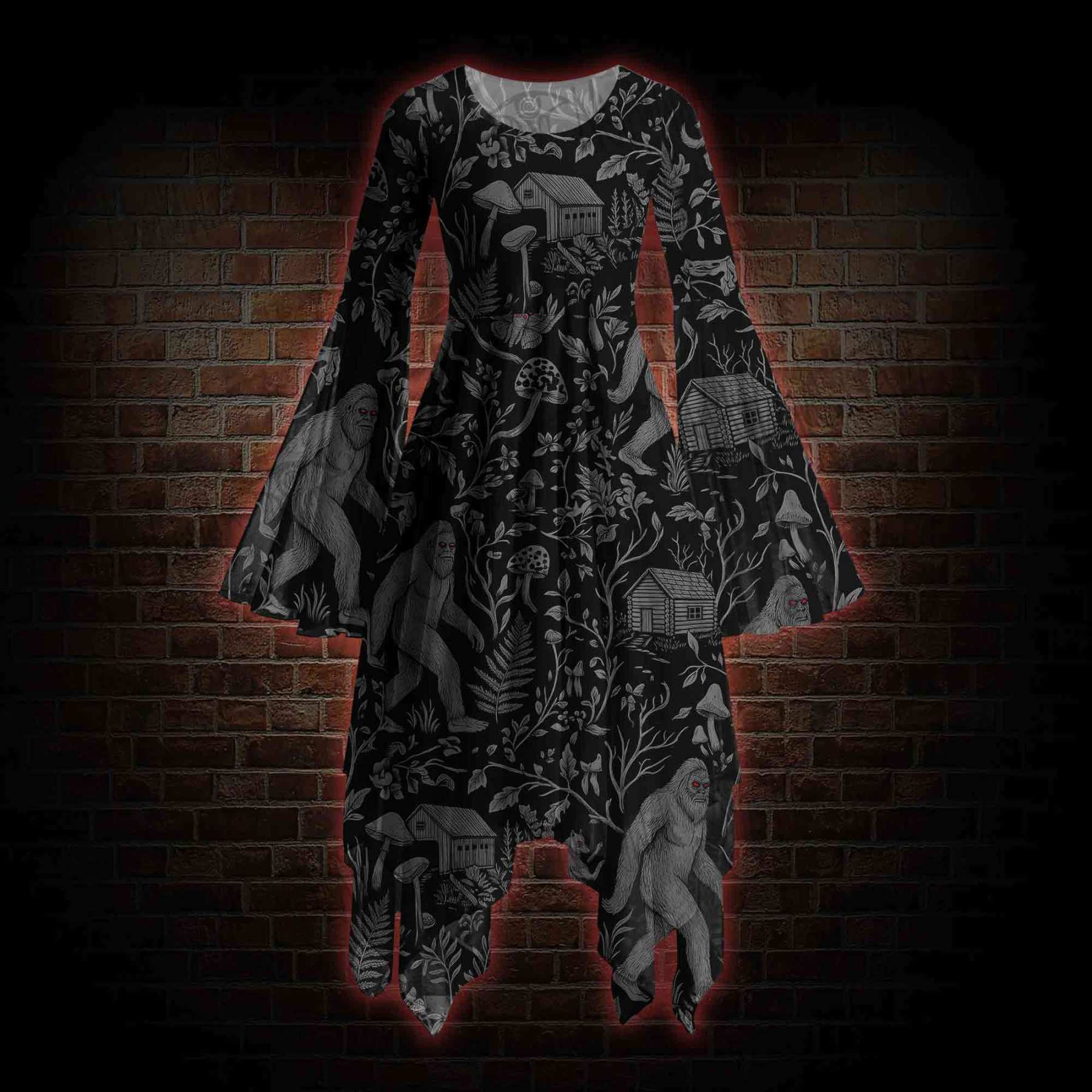 Cryptid Forest Bell-sleeve Handkerchief-hem Dress