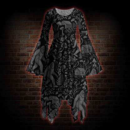 Cryptid Forest Bell-sleeve Handkerchief-hem Dress