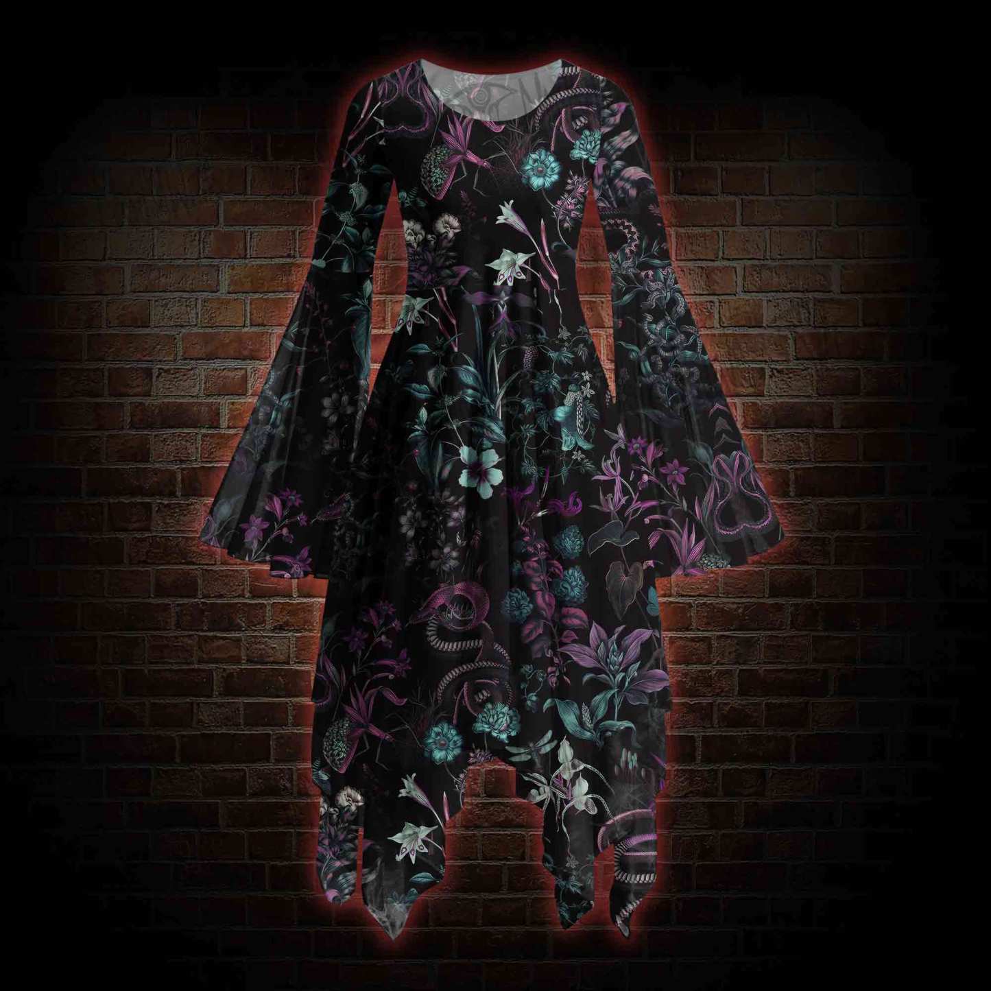 Forbidden Flora Bell-sleeve Handkerchief-hem Dress