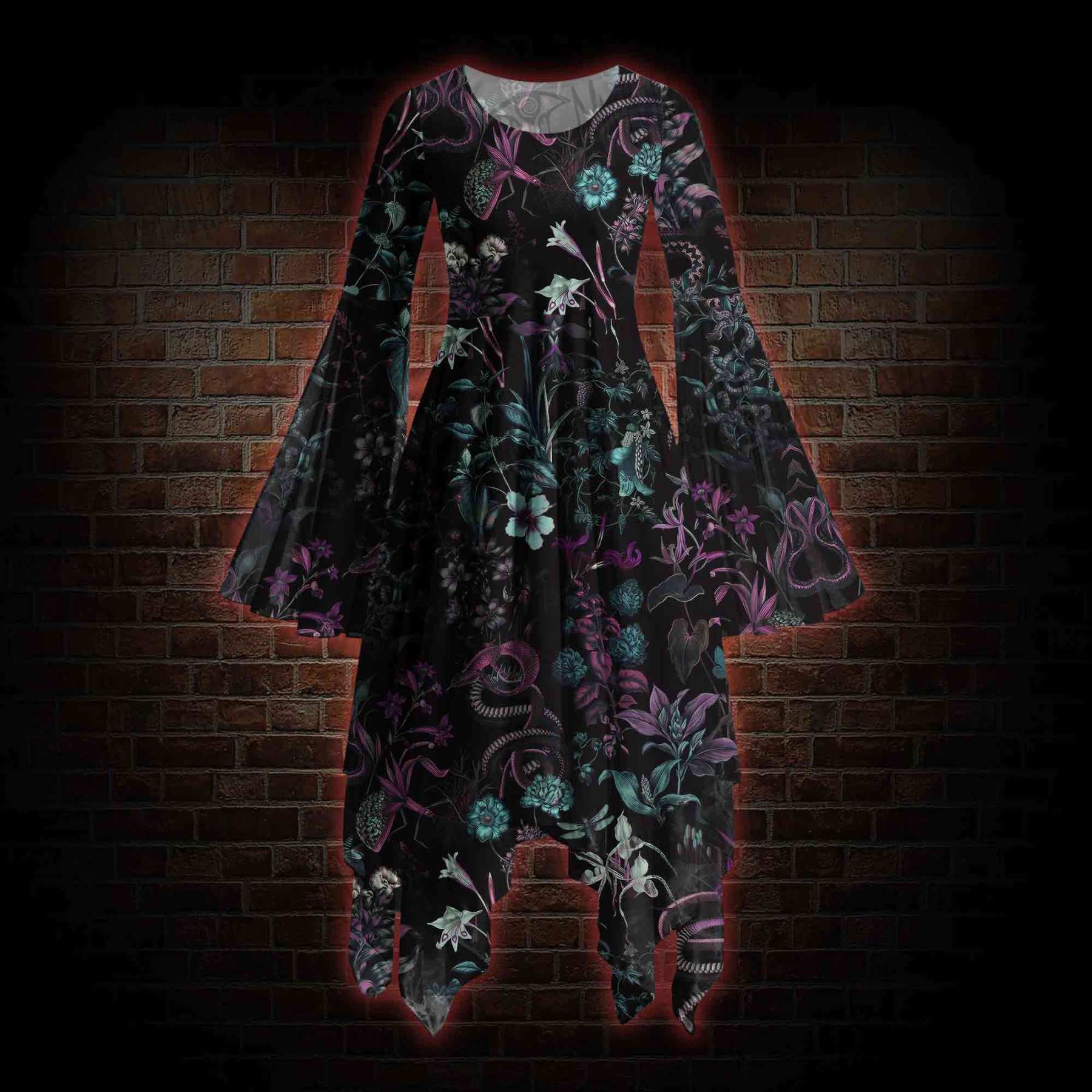 Forbidden Flora Bell-sleeve Handkerchief-hem Dress