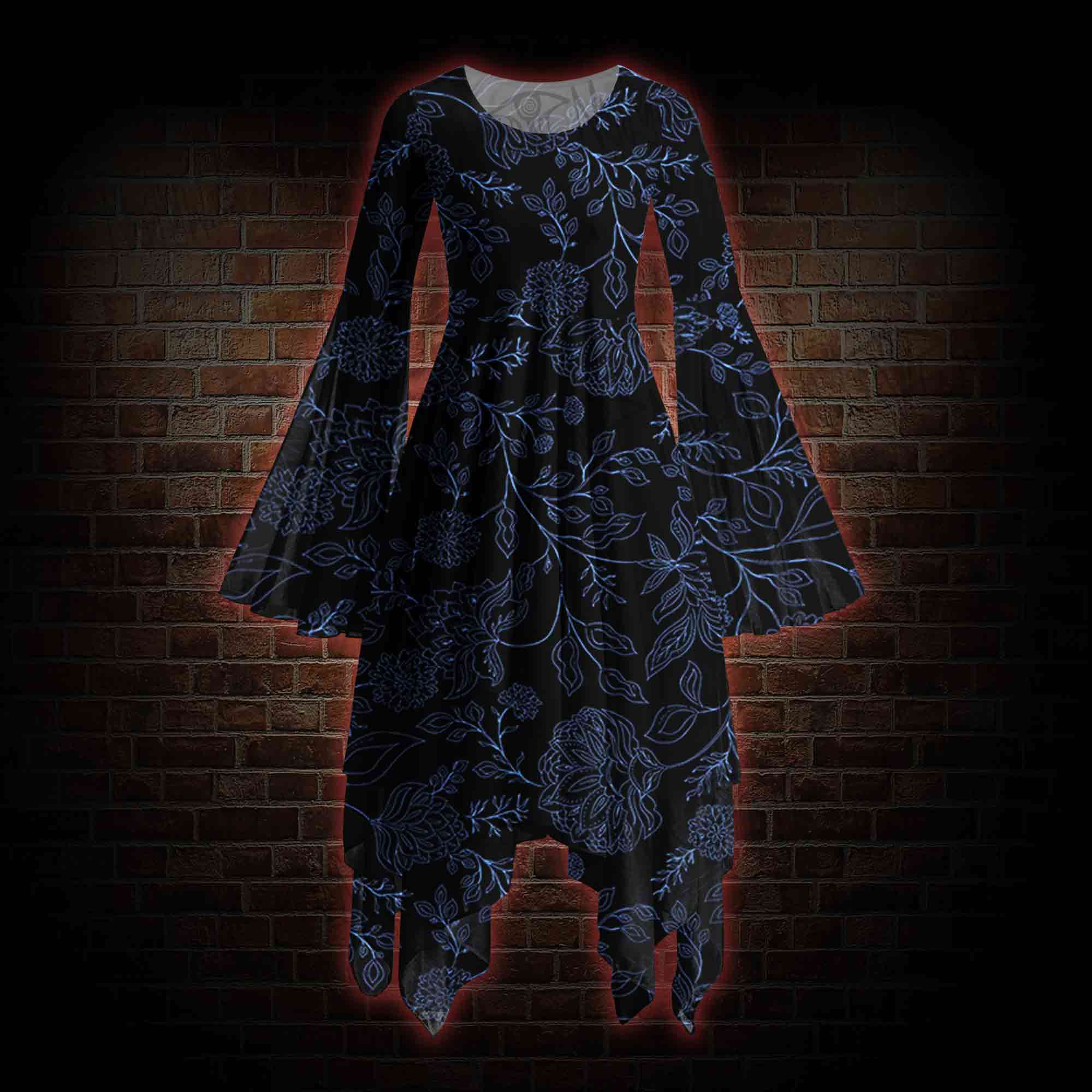Gothic Botanical Bell-sleeve Handkerchief-hem Dress