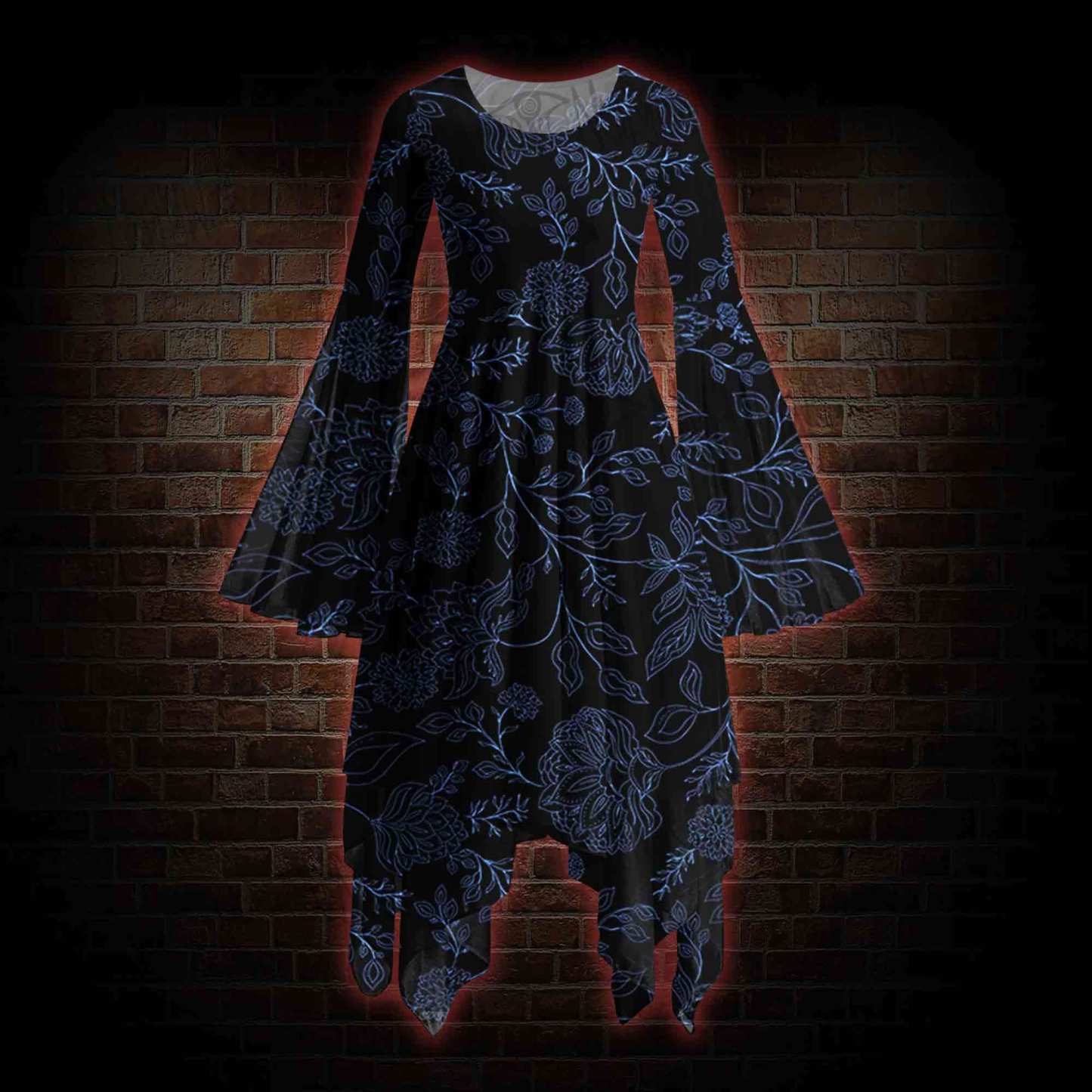 Gothic Botanical Bell-sleeve Handkerchief-hem Dress