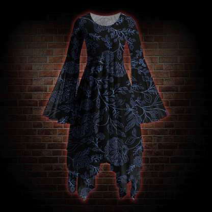 Gothic Botanical Bell-sleeve Handkerchief-hem Dress
