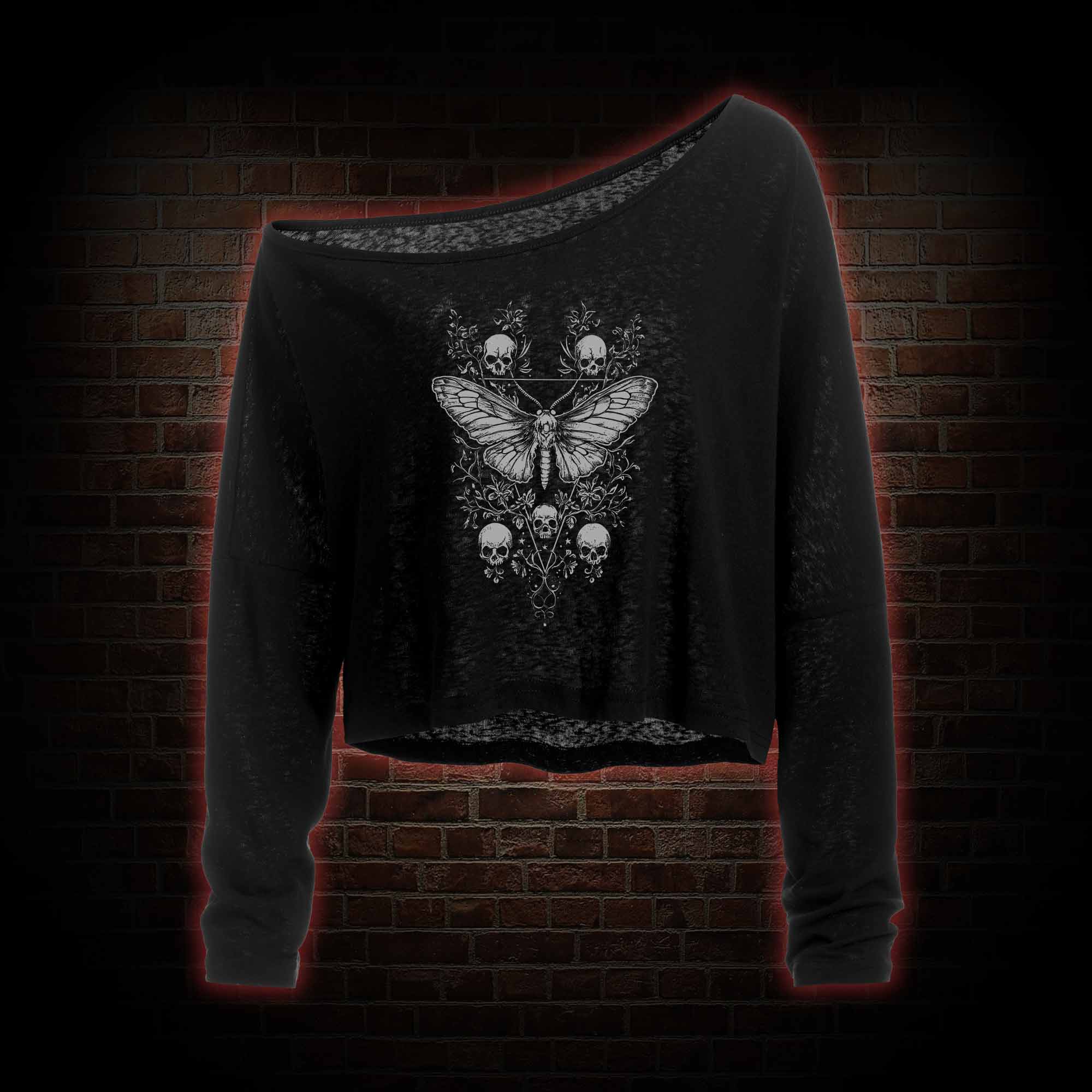 Skull Moth Off Shoulder Long Sleeve Top
