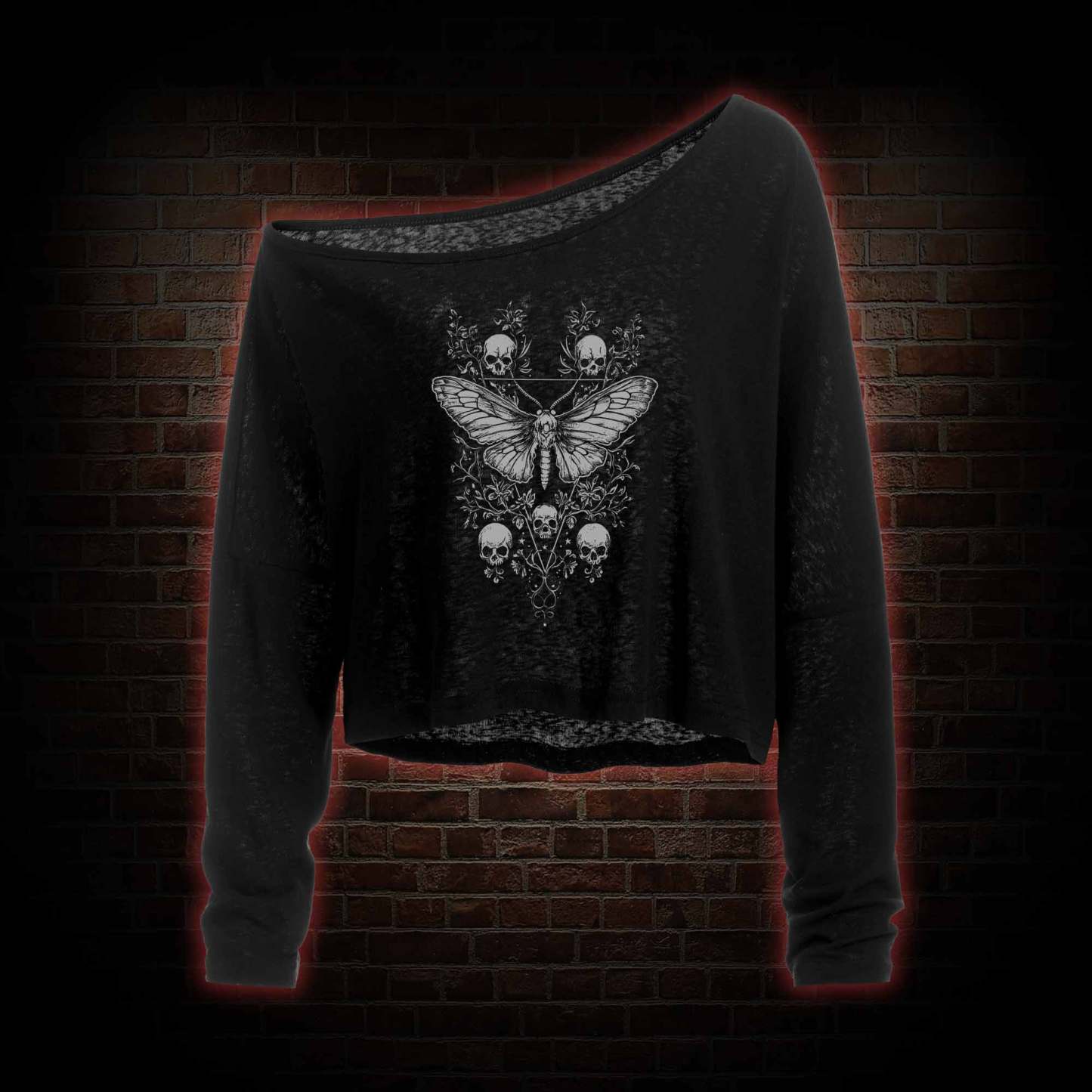 Skull Moth Off Shoulder Long Sleeve Top