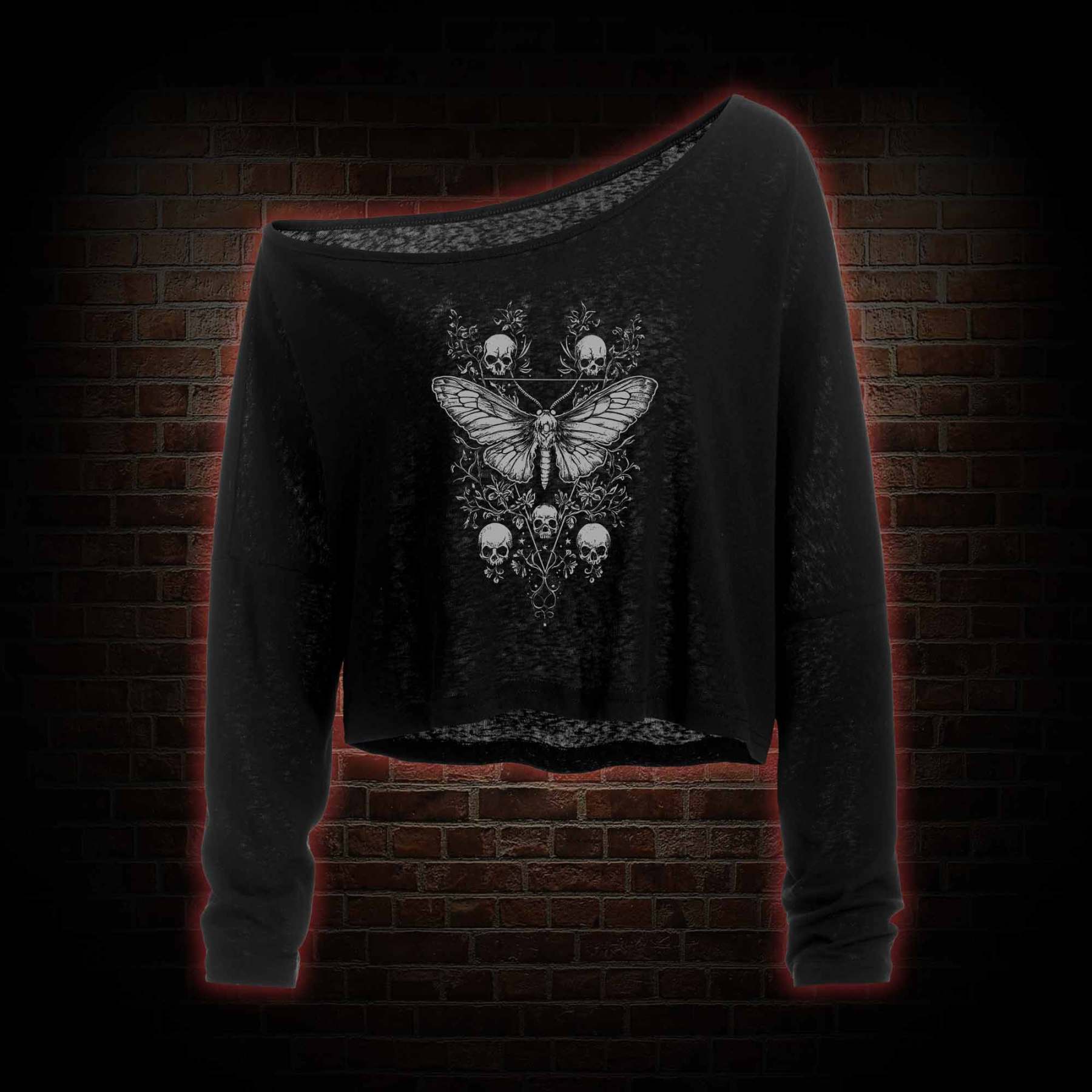 Skull Moth Off Shoulder Long Sleeve Top