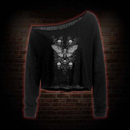 Skull Moth Off Shoulder Long Sleeve Top