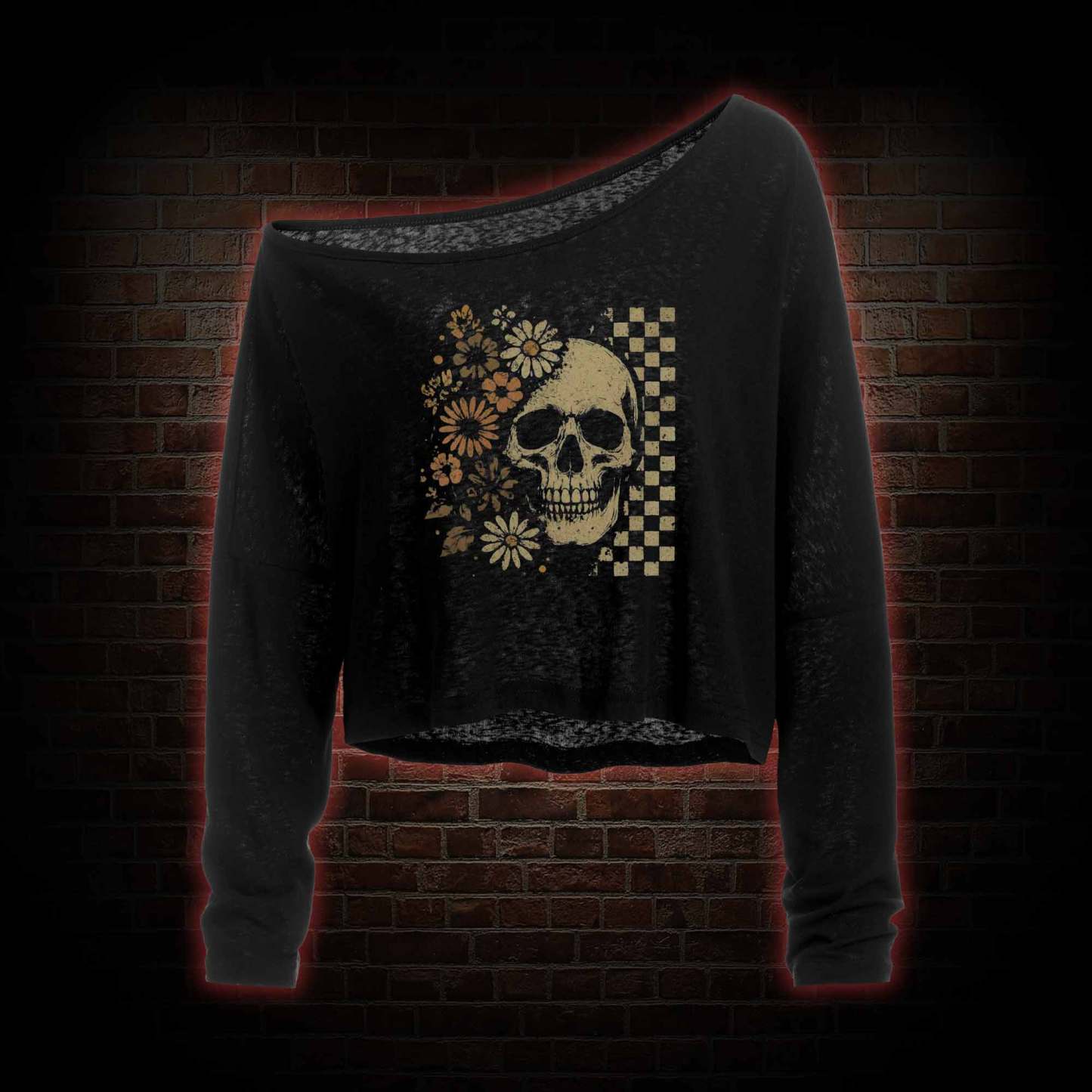 Vintage Skull Off Shoulder Long Sleeve Top