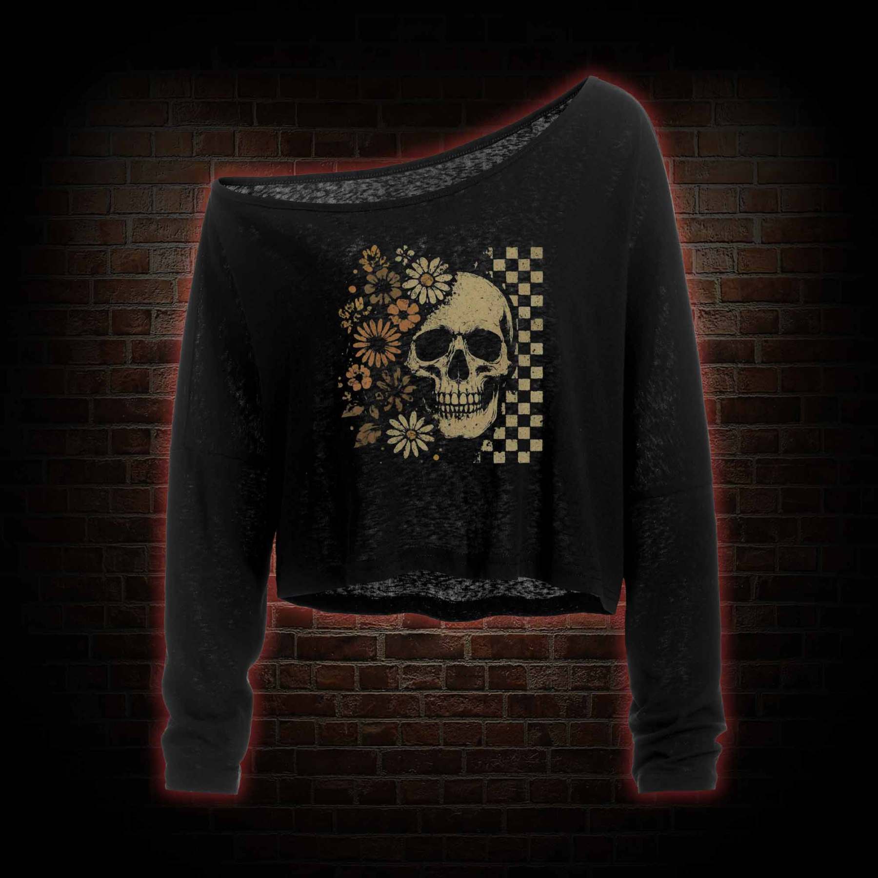 Vintage Skull Off Shoulder Long Sleeve Top