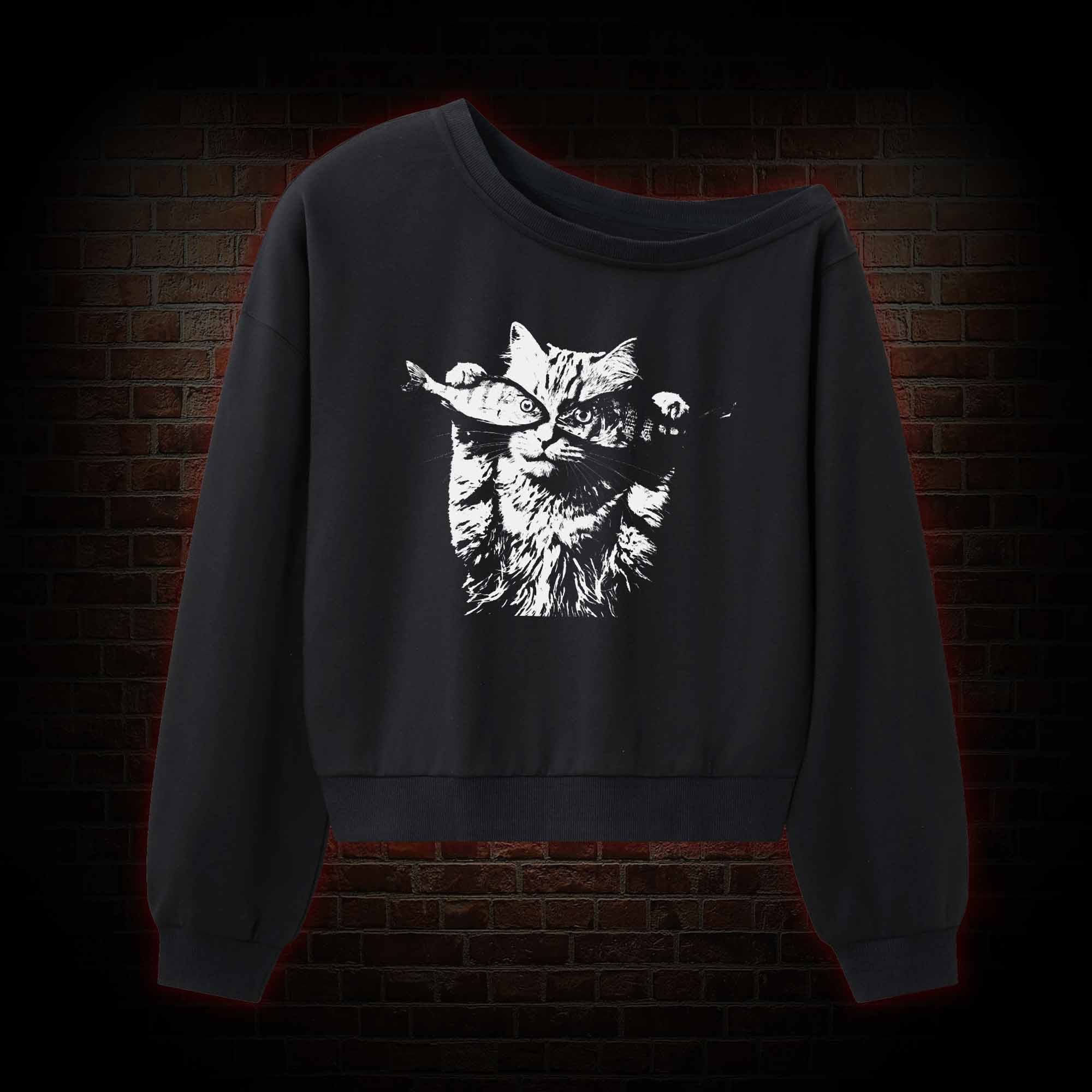 Fish Eye Cat Off Shoulder Sweatshirt