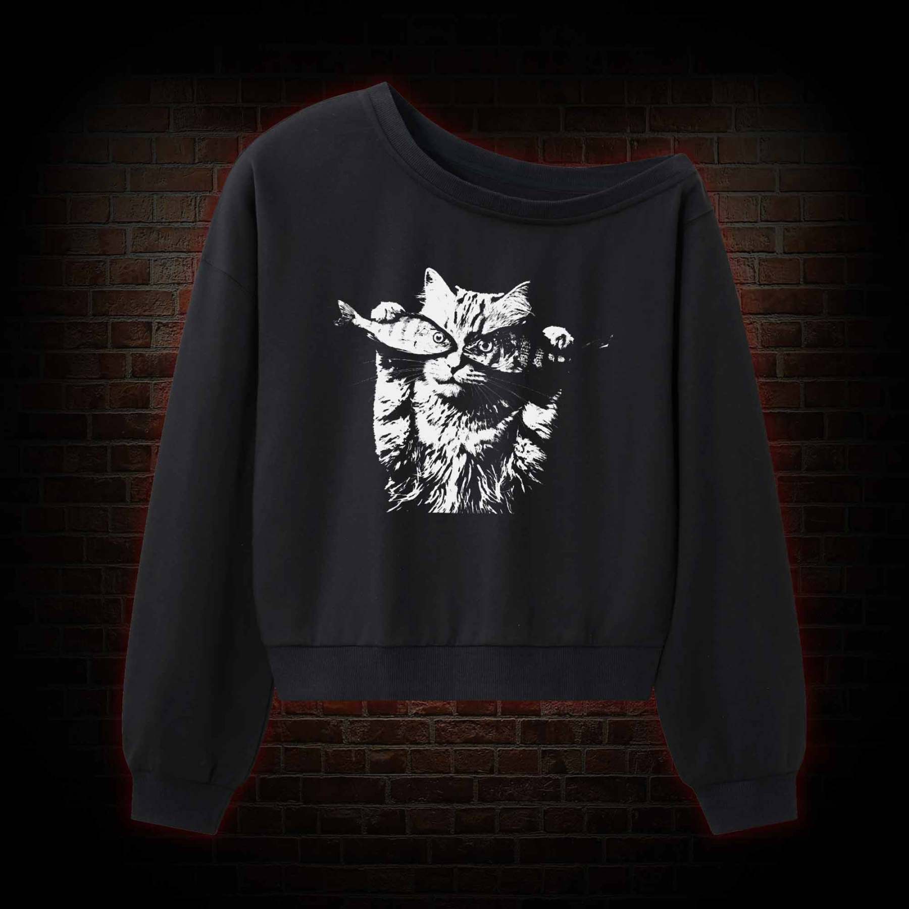Fish Eye Cat Off Shoulder Sweatshirt