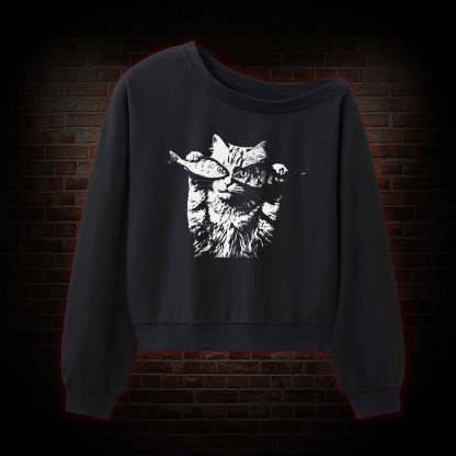 Fish Eye Cat Off Shoulder Sweatshirt