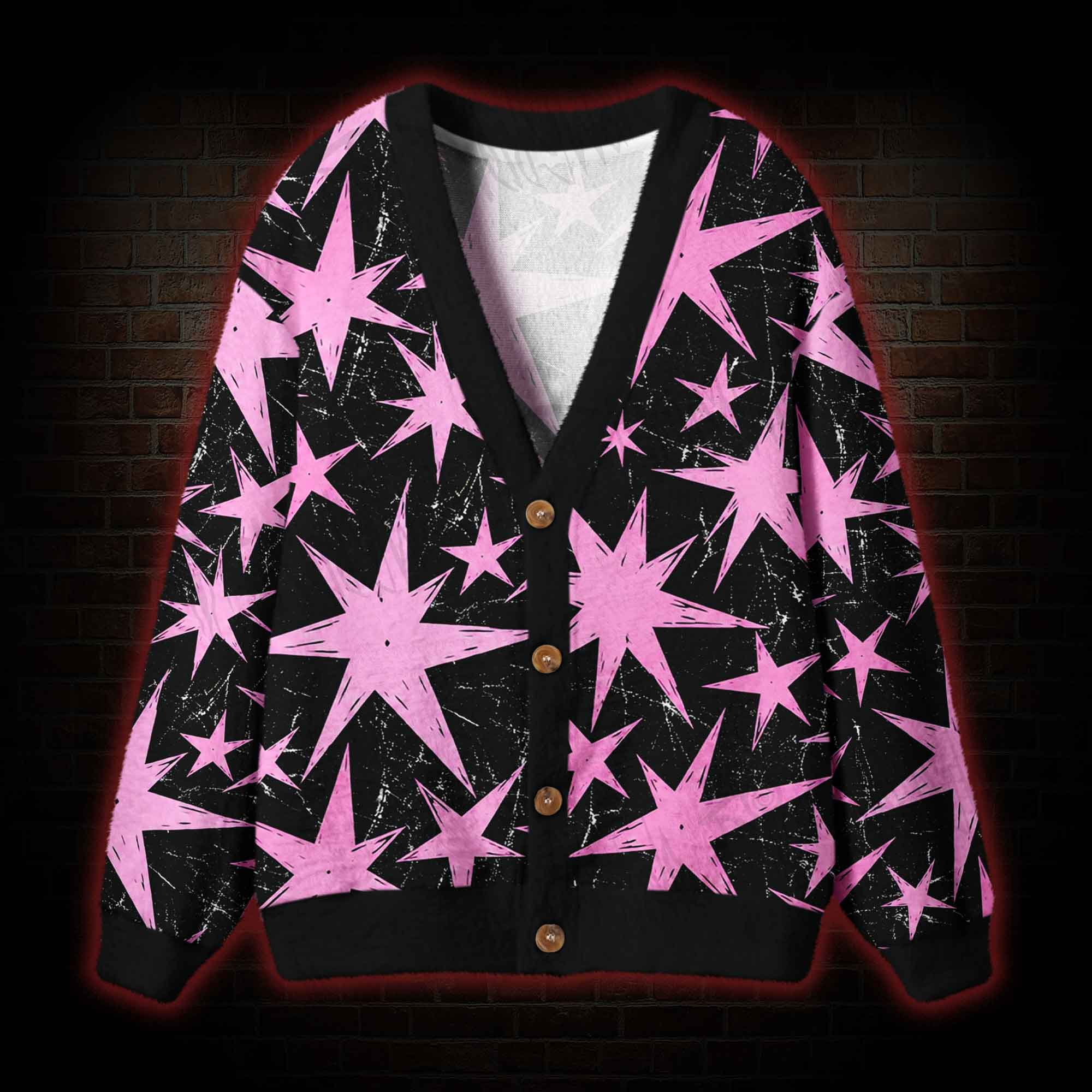 Grunge Pink Star Cardigan Sweater