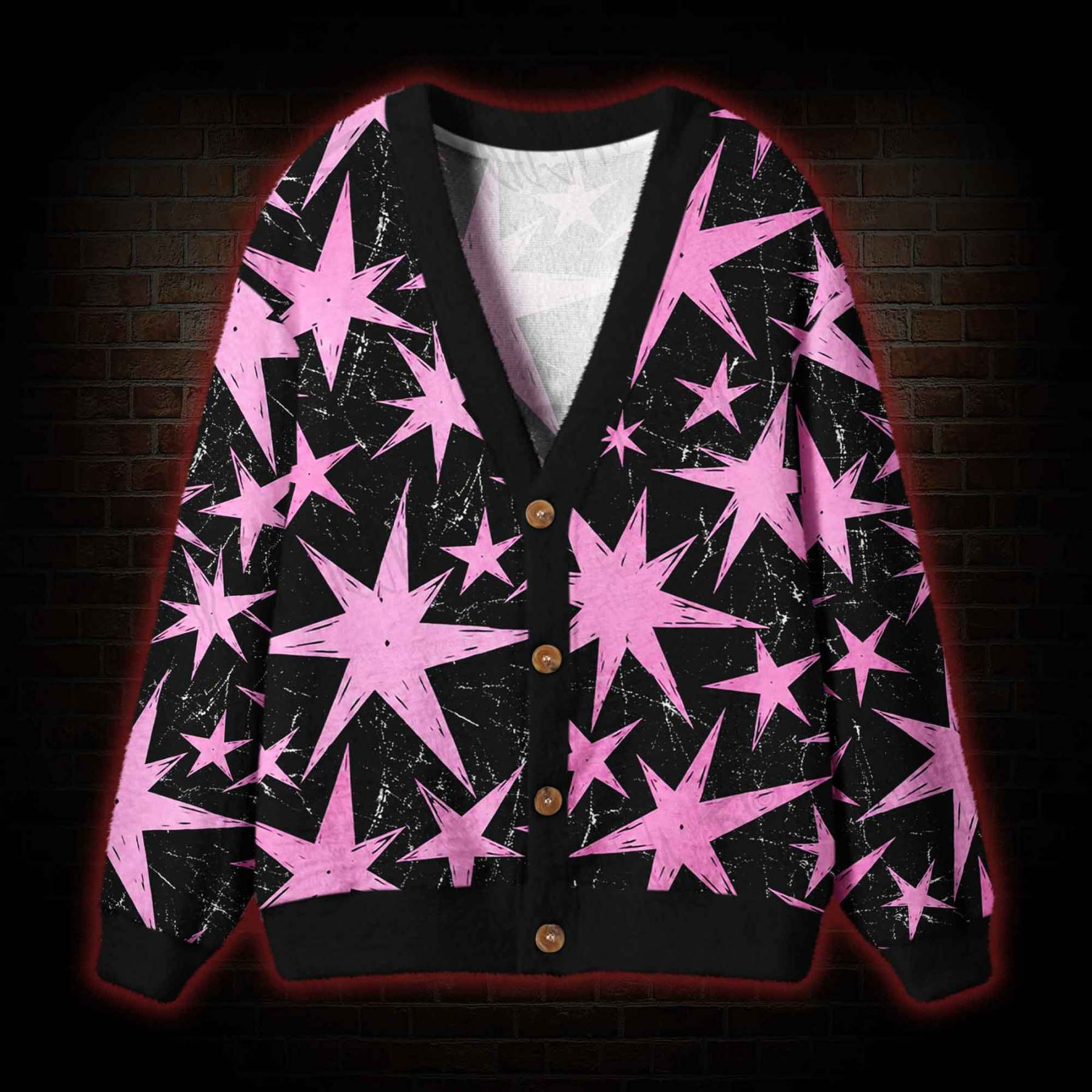 Grunge Pink Star Cardigan Sweater