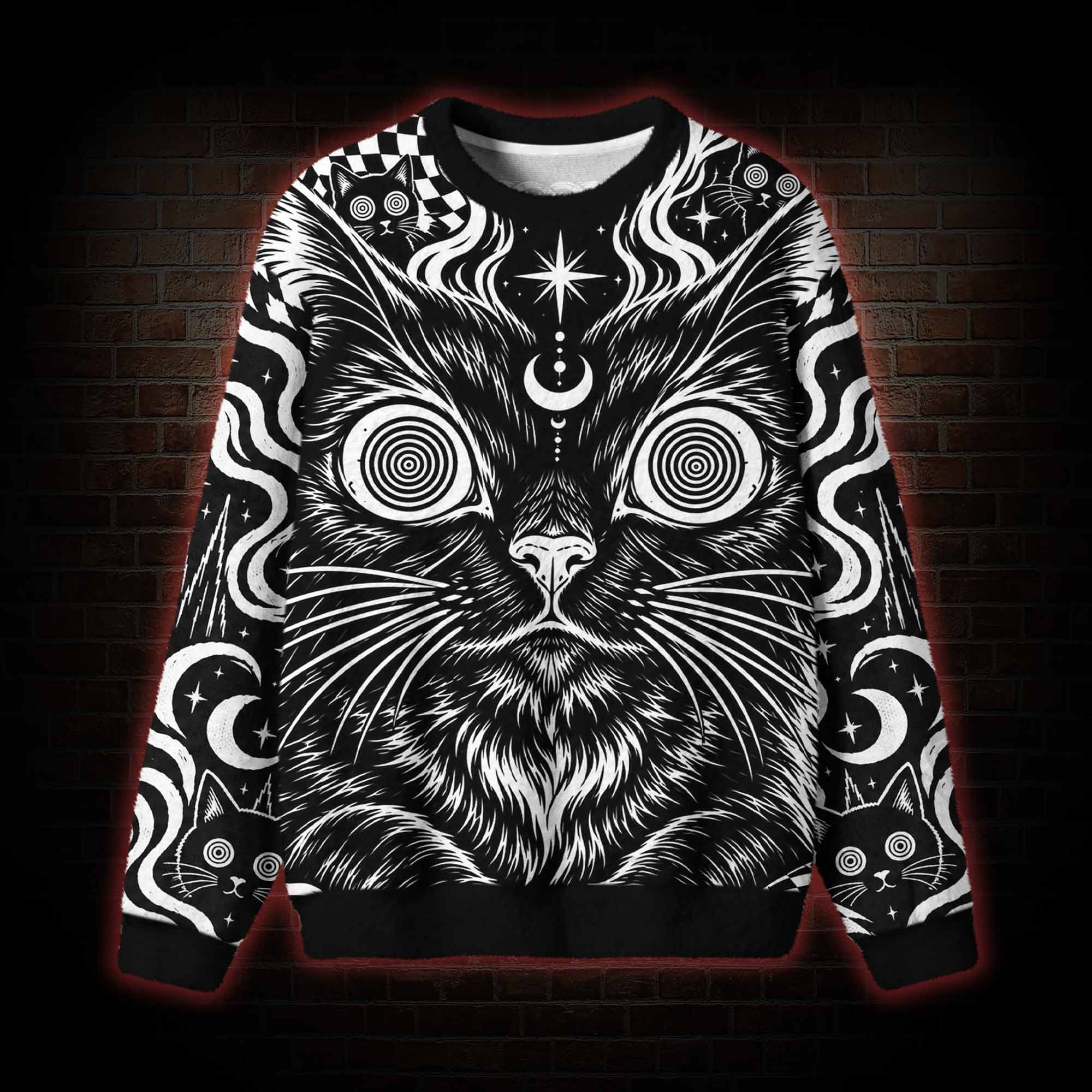 Hypnotic Eyes Psychedelic Black Cat Ugly Sweatshirts