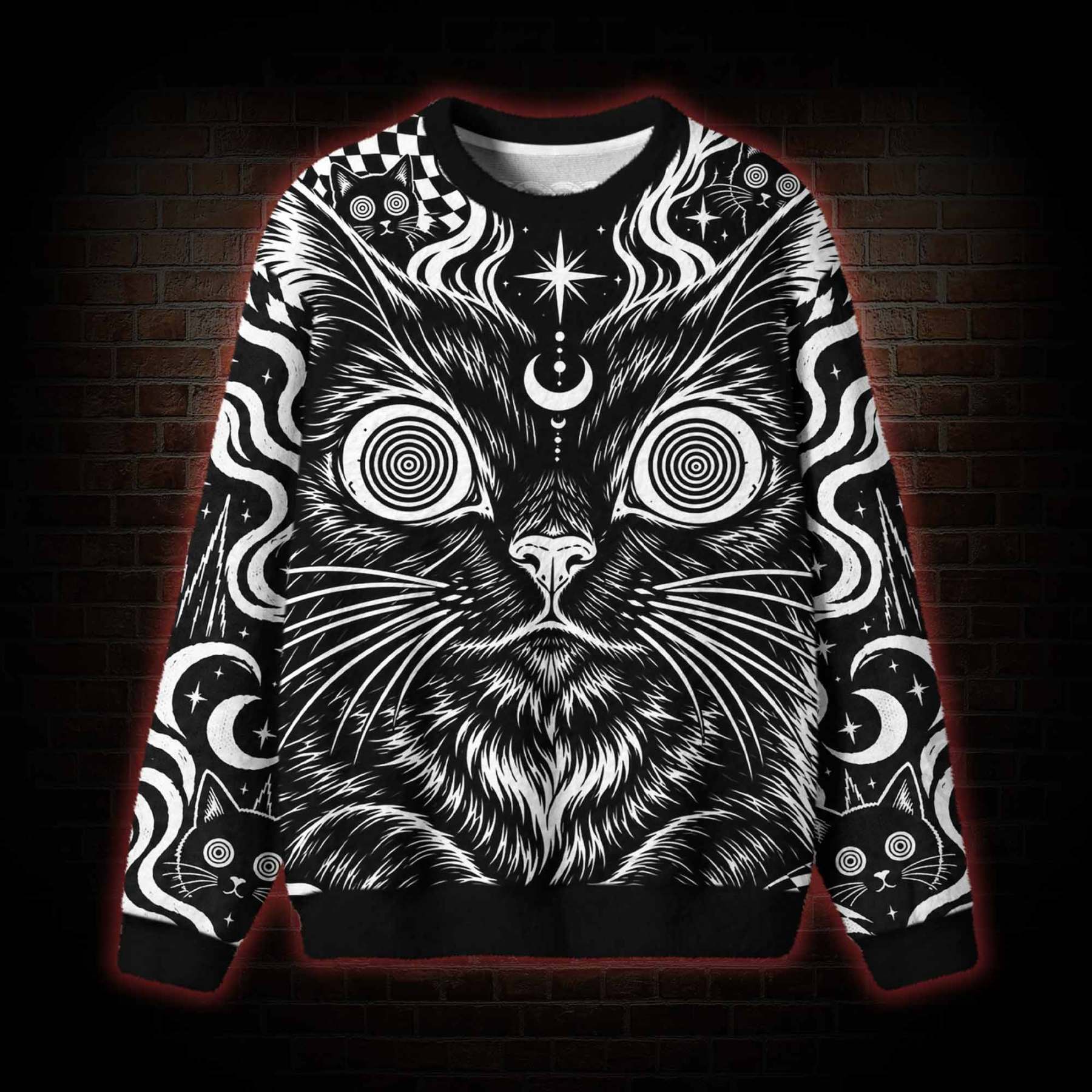 Hypnotic Eyes Psychedelic Black Cat Ugly Sweatshirts