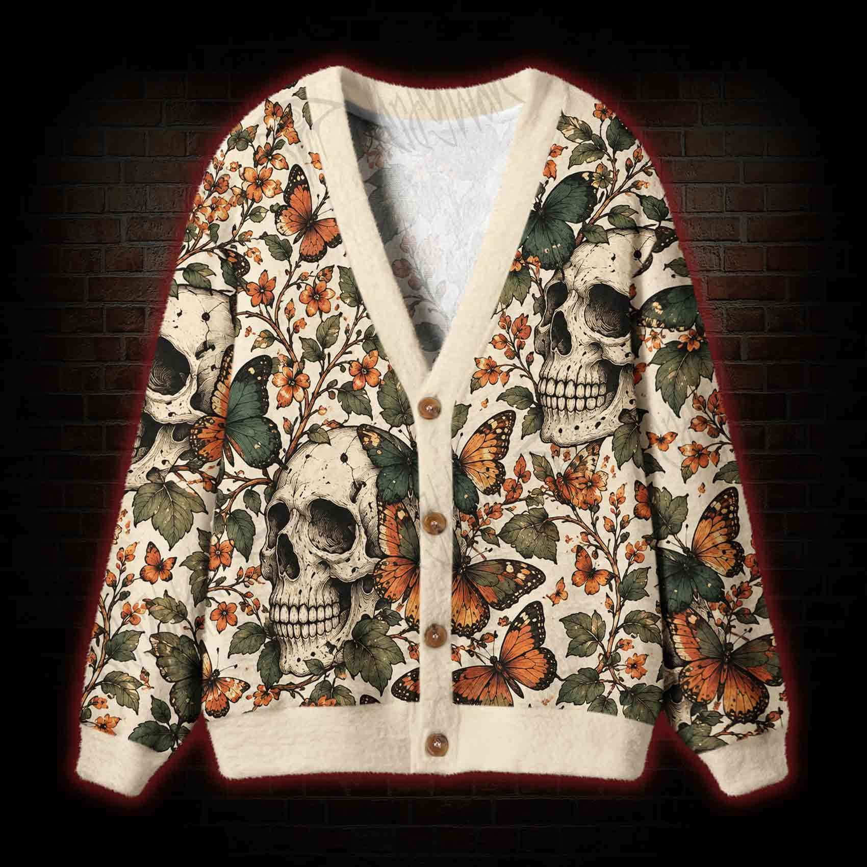 Vintage Gothic Skull and Butterfly Cardigan Sweater
