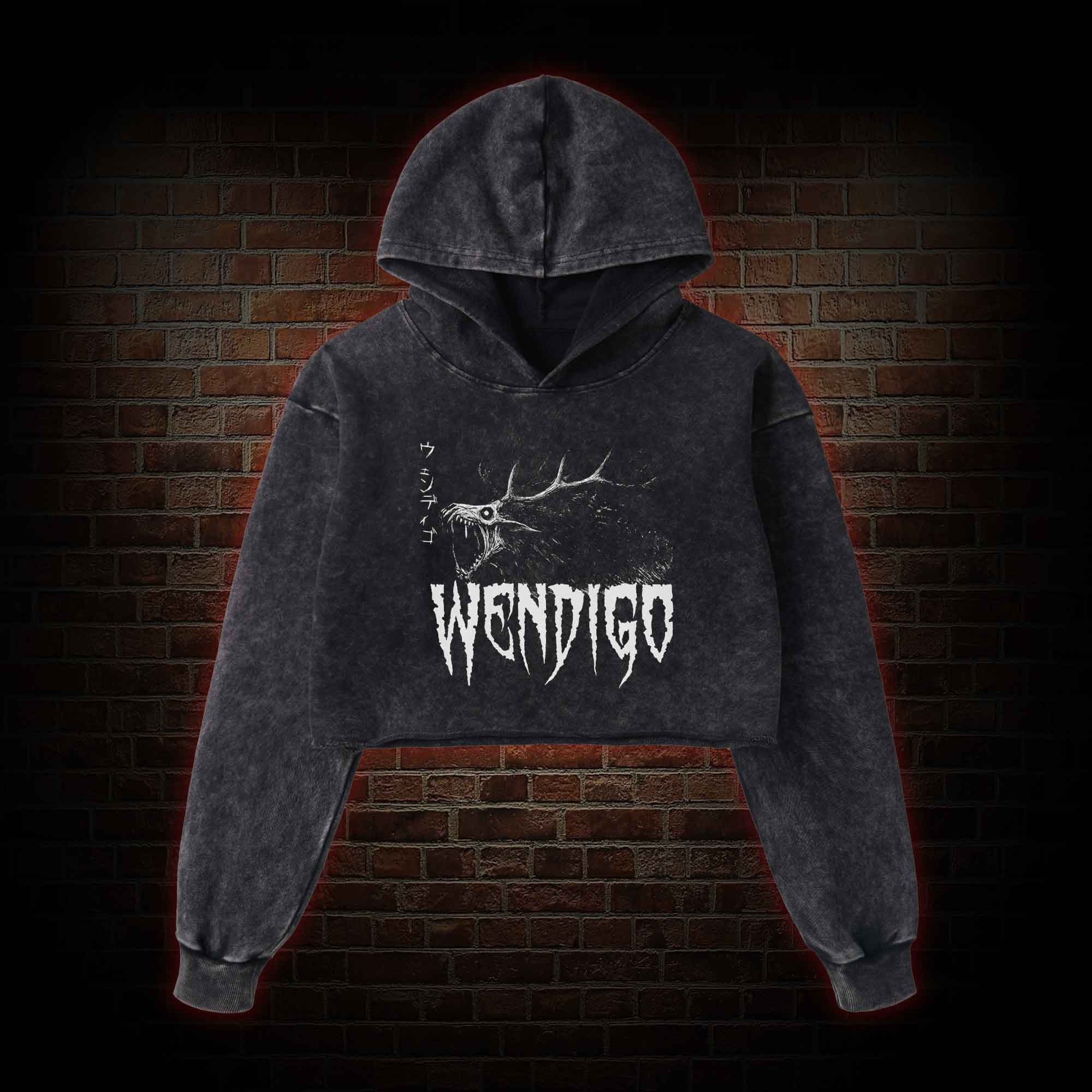 Wendigo Scary Monster Washed Cropped Hoodie
