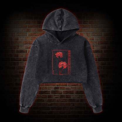 Red Spider Lily Washed Cropped Hoodie