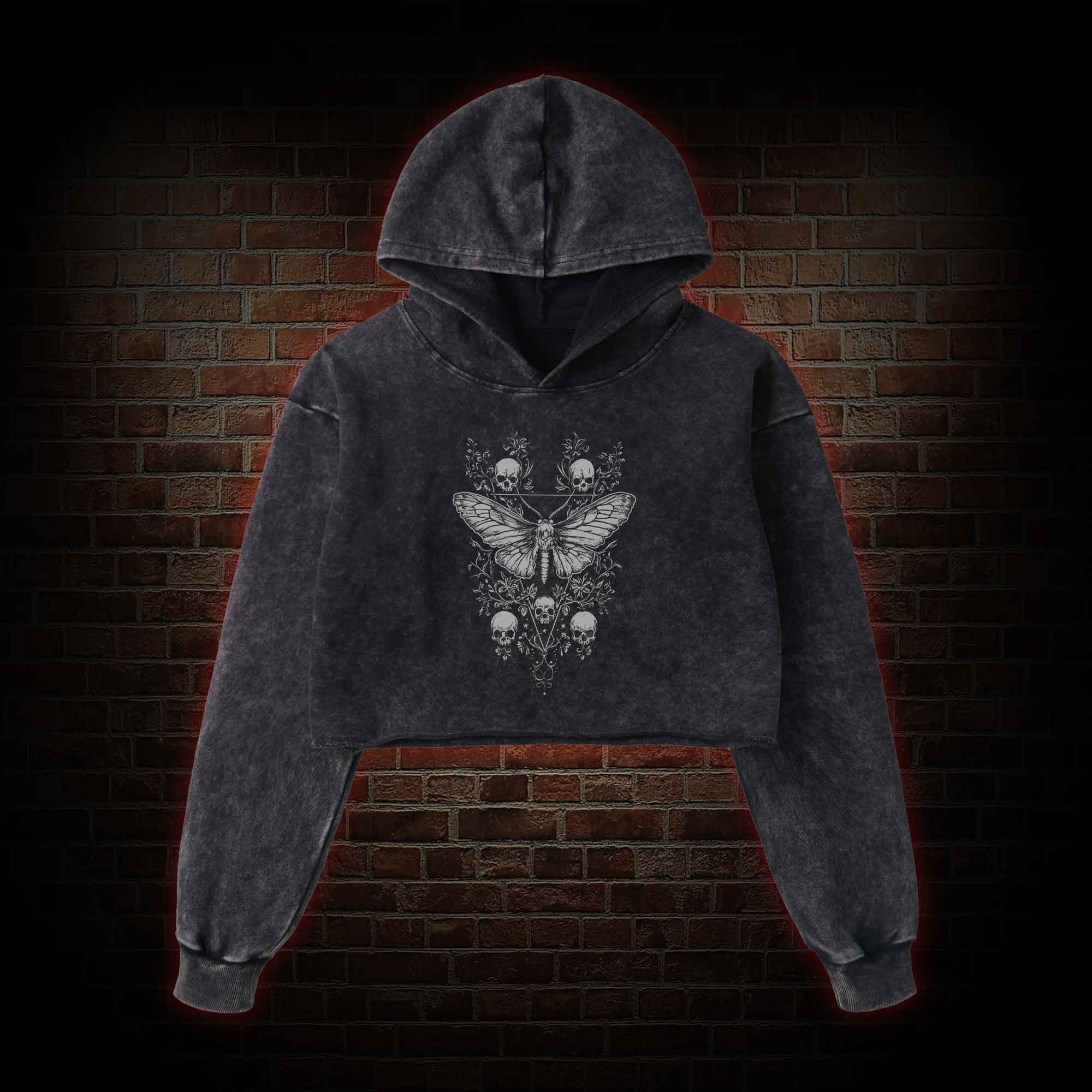 Skull Moth Washed Cropped Hoodie