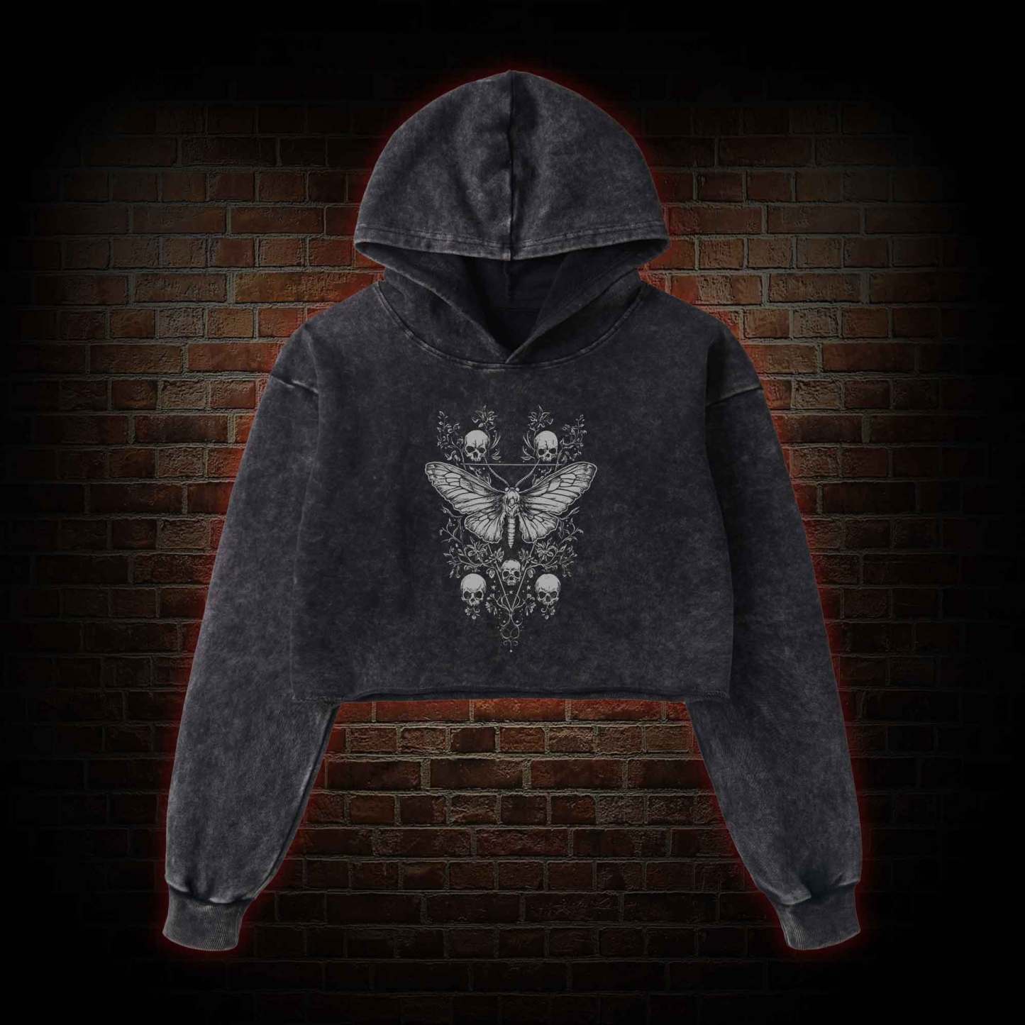 Skull Moth Washed Cropped Hoodie