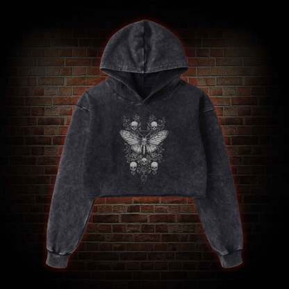 Skull Moth Washed Cropped Hoodie