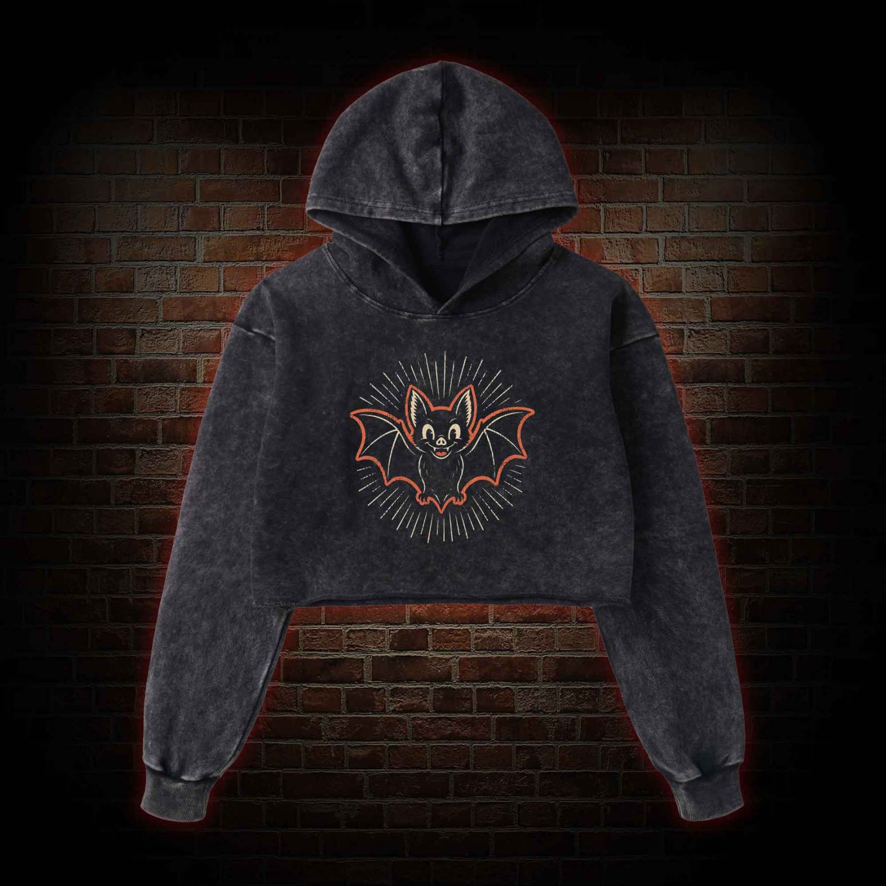 Vintage Cartoon Spooky Bat Washed Cropped Hoodie