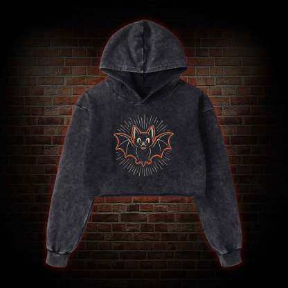 Vintage Cartoon Spooky Bat Washed Cropped Hoodie