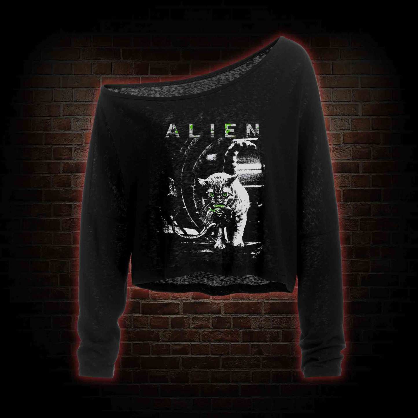Alien Cat Off Shoulder Long Sleeve Crop Top
