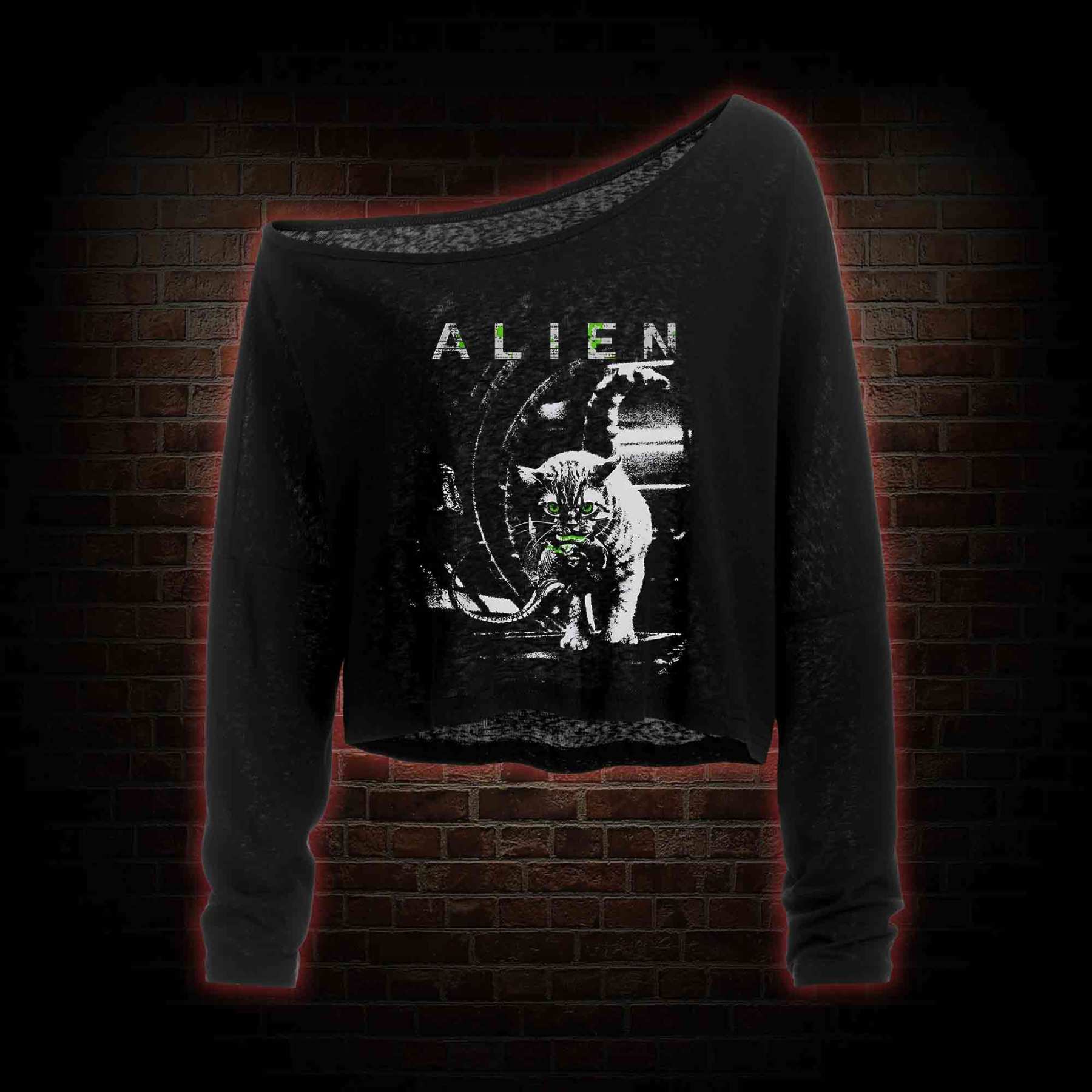 Alien Cat Off Shoulder Long Sleeve Crop Top
