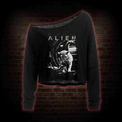 Alien Cat Off Shoulder Long Sleeve Crop Top