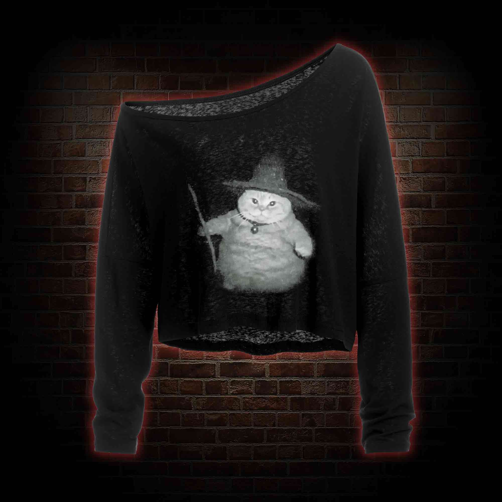 Wizard Cat Vintage Off Shoulder Long Sleeve Crop Top