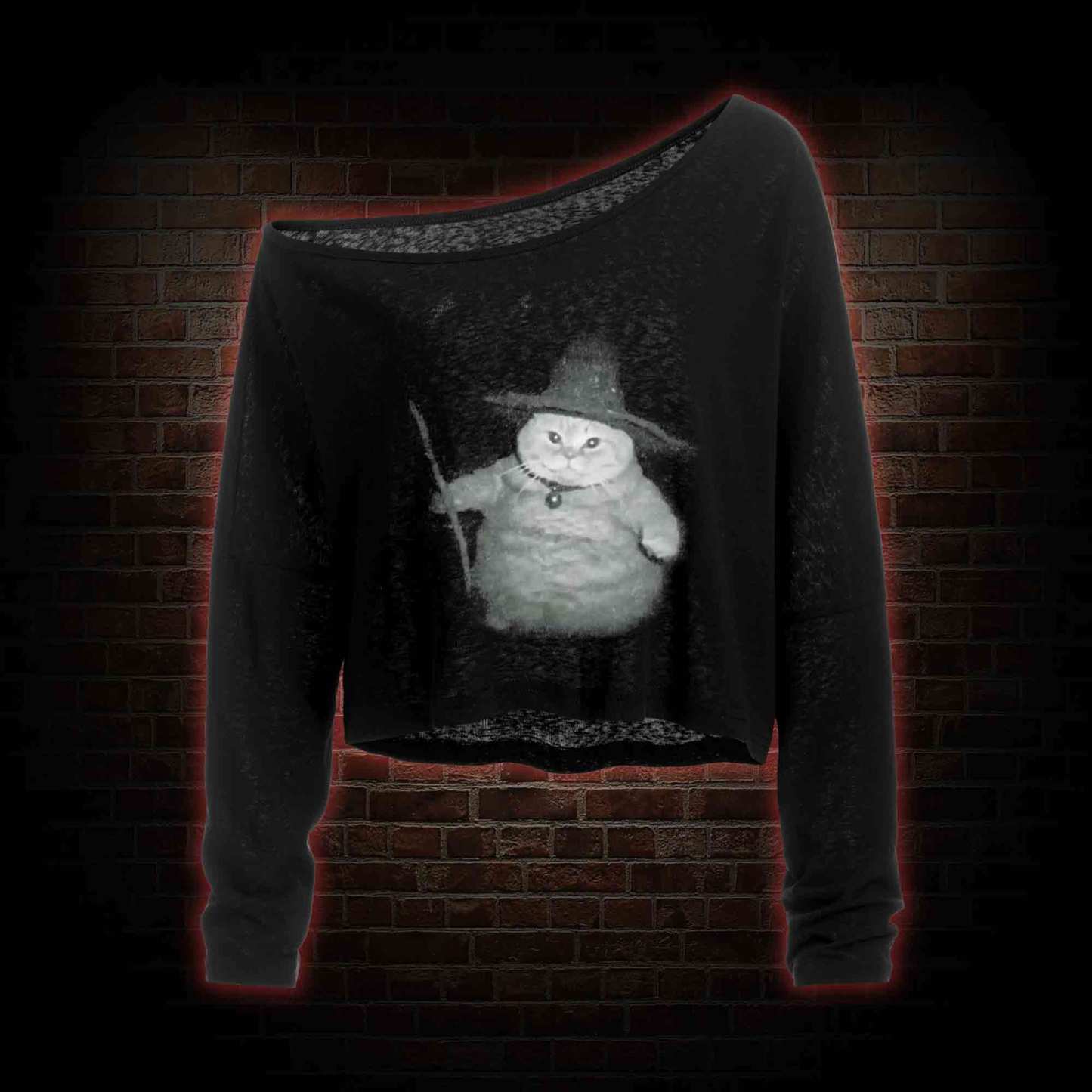 Wizard Cat Vintage Off Shoulder Long Sleeve Crop Top