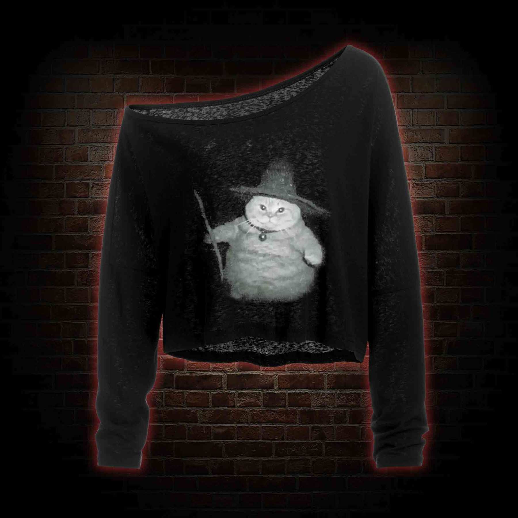 Wizard Cat Vintage Off Shoulder Long Sleeve Crop Top