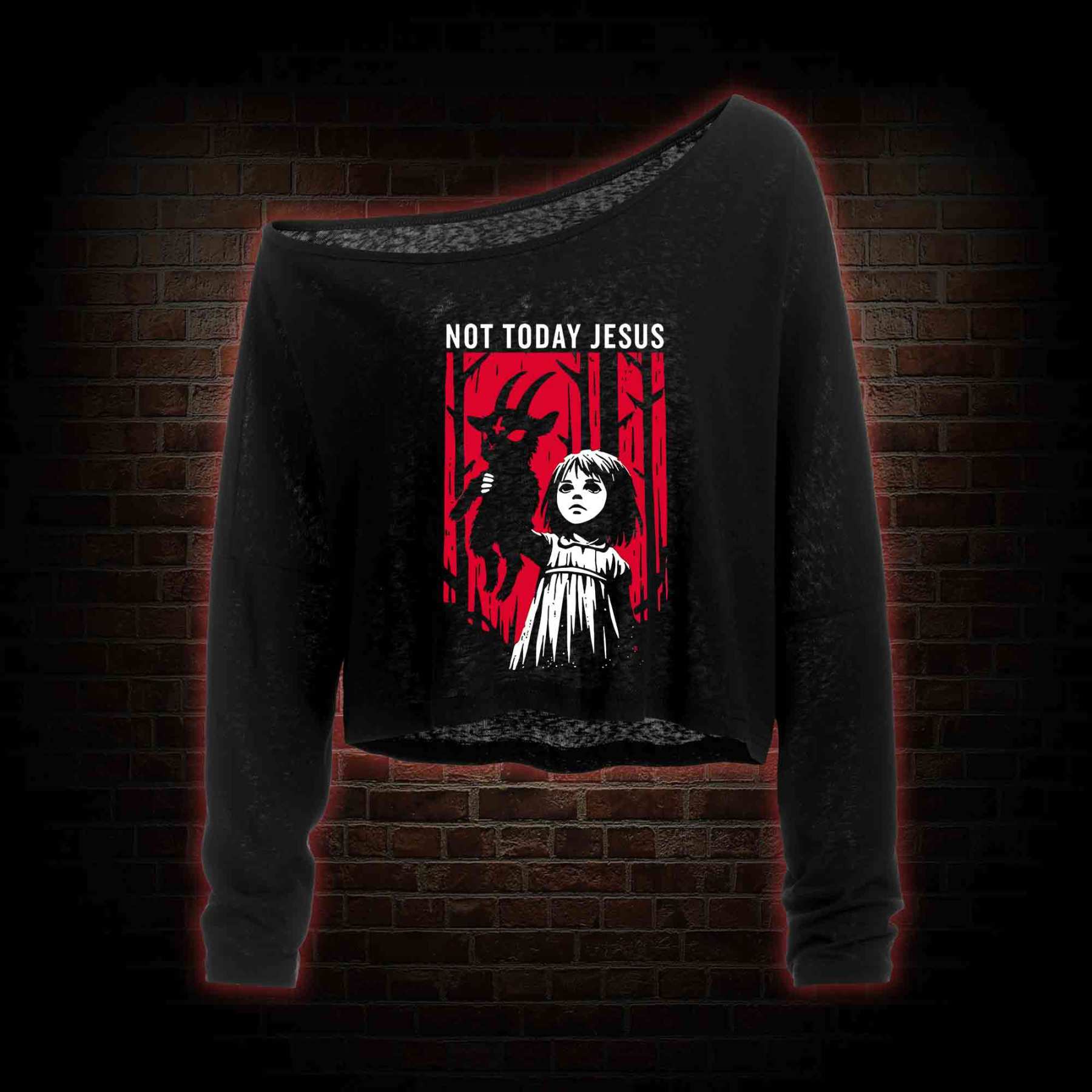 Not Today Jesus Off Shoulder Long Sleeve Crop Top