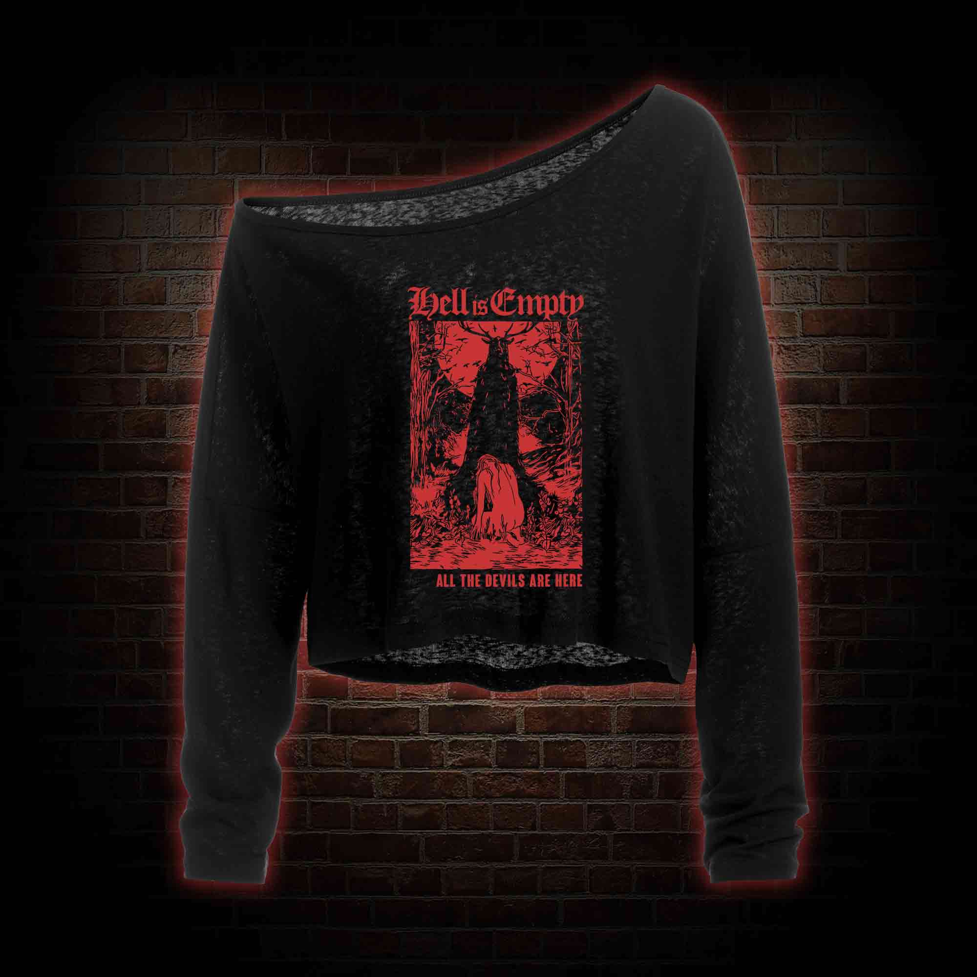 Hell Is Empty Off Shoulder Long Sleeve Crop Top