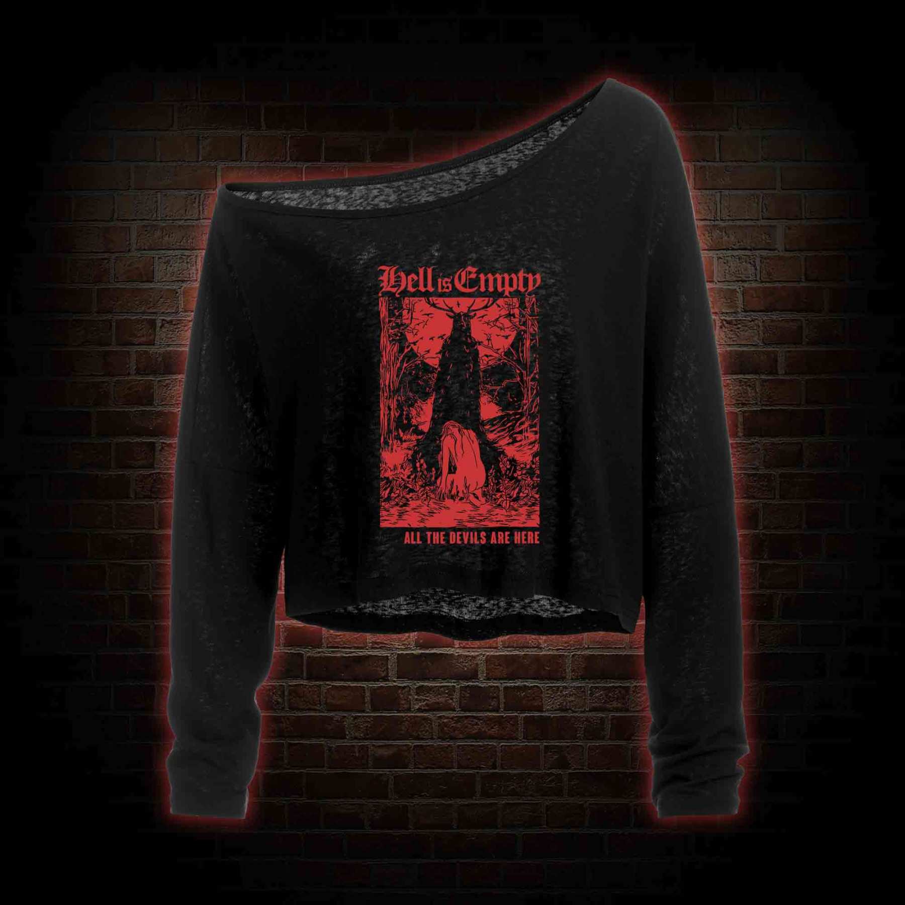Hell Is Empty Off Shoulder Long Sleeve Crop Top