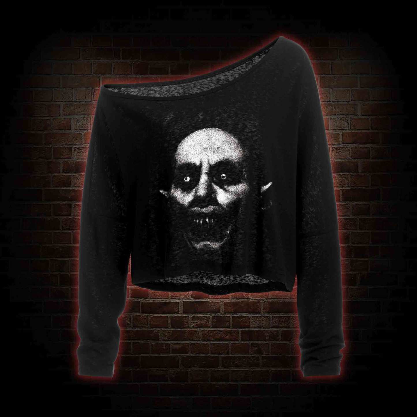 He Came from the Night of Death Off Shoulder Long Sleeve Crop Top