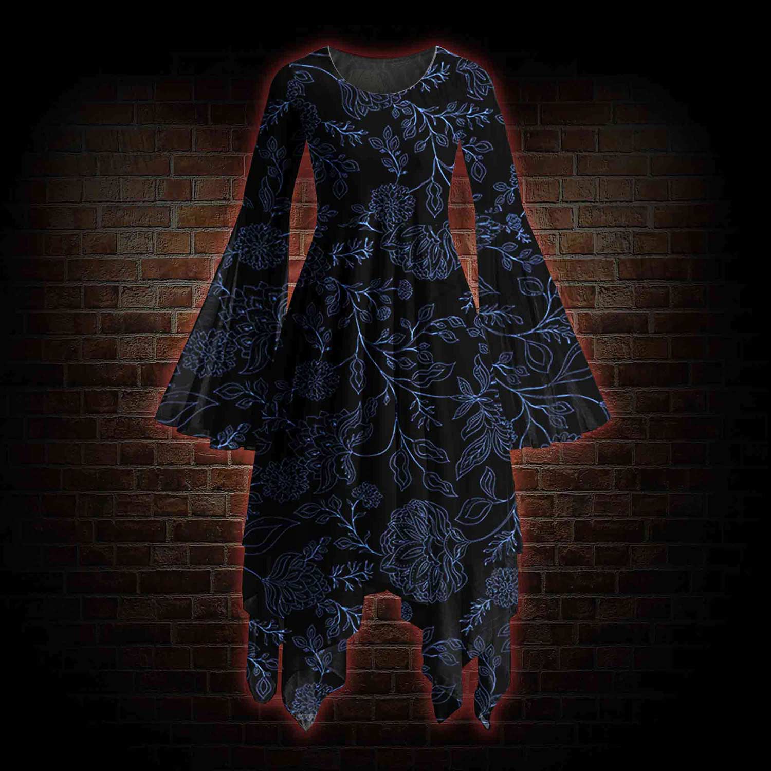 Gothic Botanical Bell-sleeve Handkerchief-hem Dress