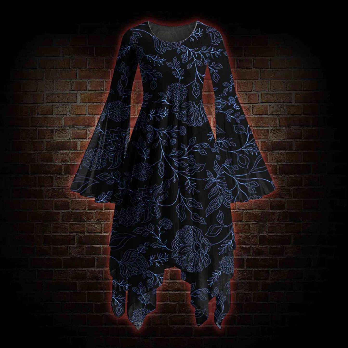 Gothic Botanical Bell-sleeve Handkerchief-hem Dress