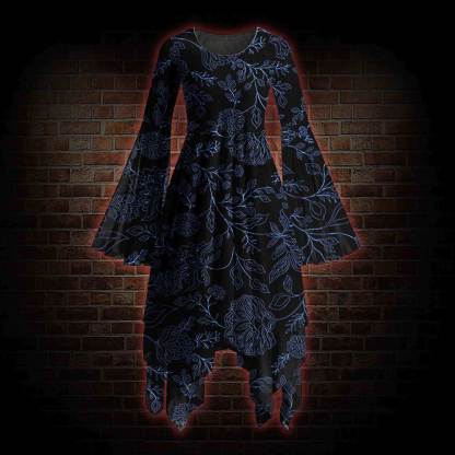 Gothic Botanical Bell-sleeve Handkerchief-hem Dress