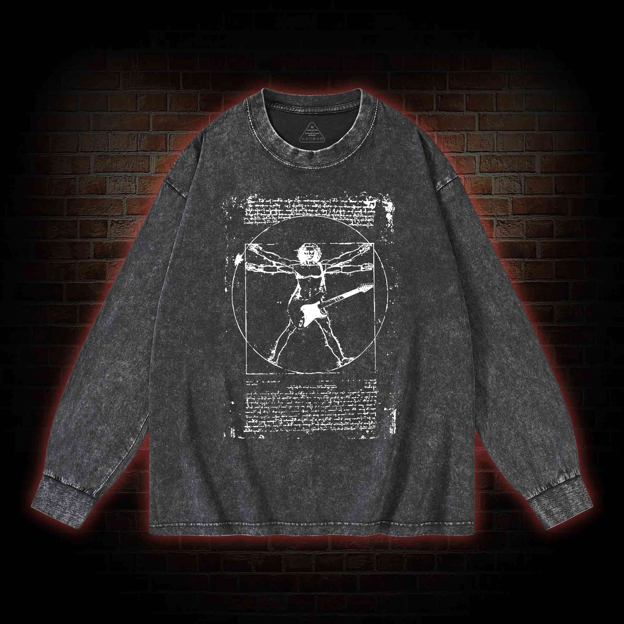 Vitruvian Man Guitar Music Player Washed Long-Sleeve T-shirt