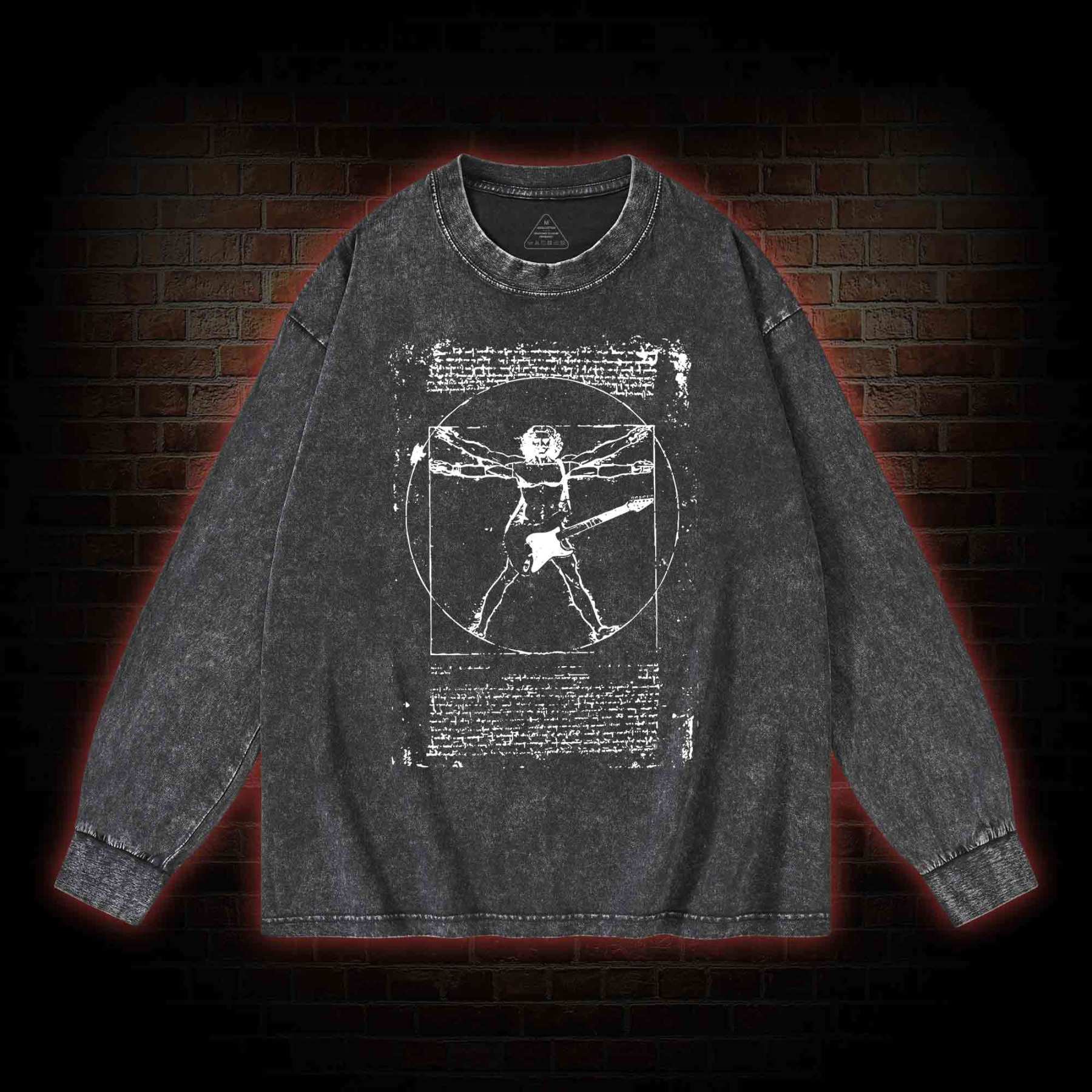 Vitruvian Man Guitar Music Player Washed Long-Sleeve T-shirt