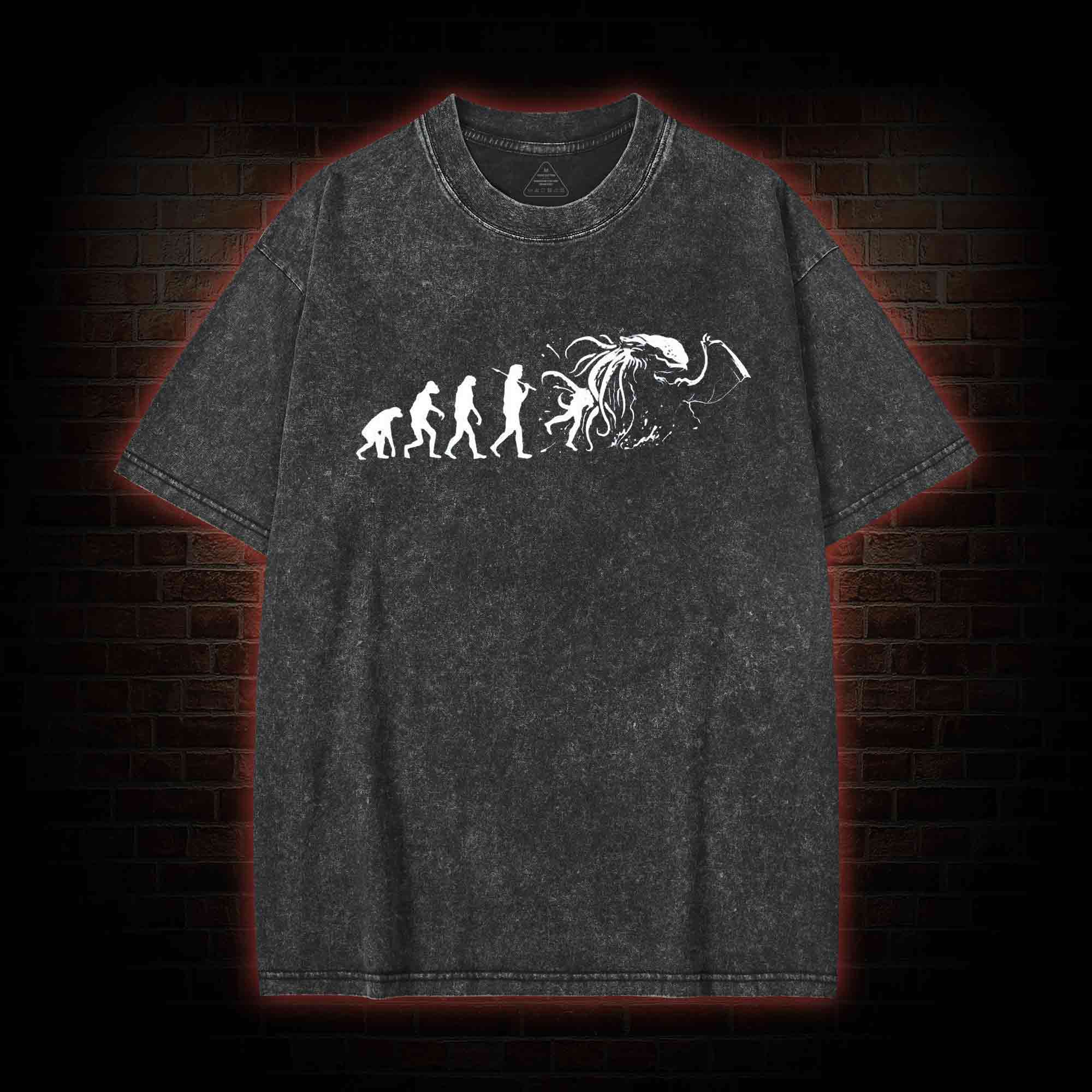 Mens Evolution of Cthulhu Funny Parody Washed T-shirt