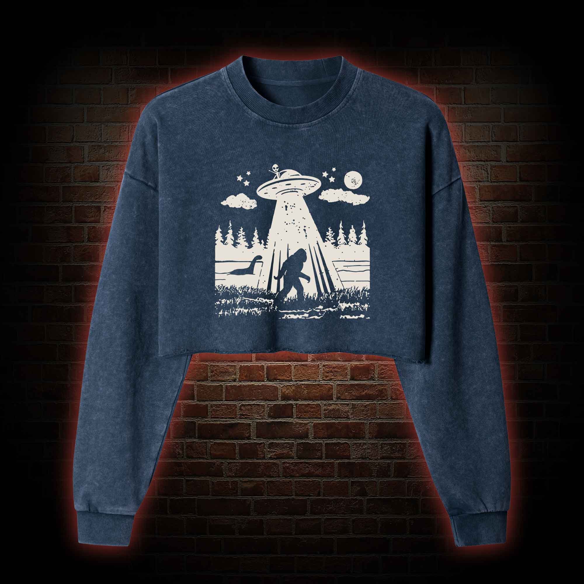 Bigfoot Sasquatch Alien UFO Loch Ness Monster Washed Cropped Sweatshirts