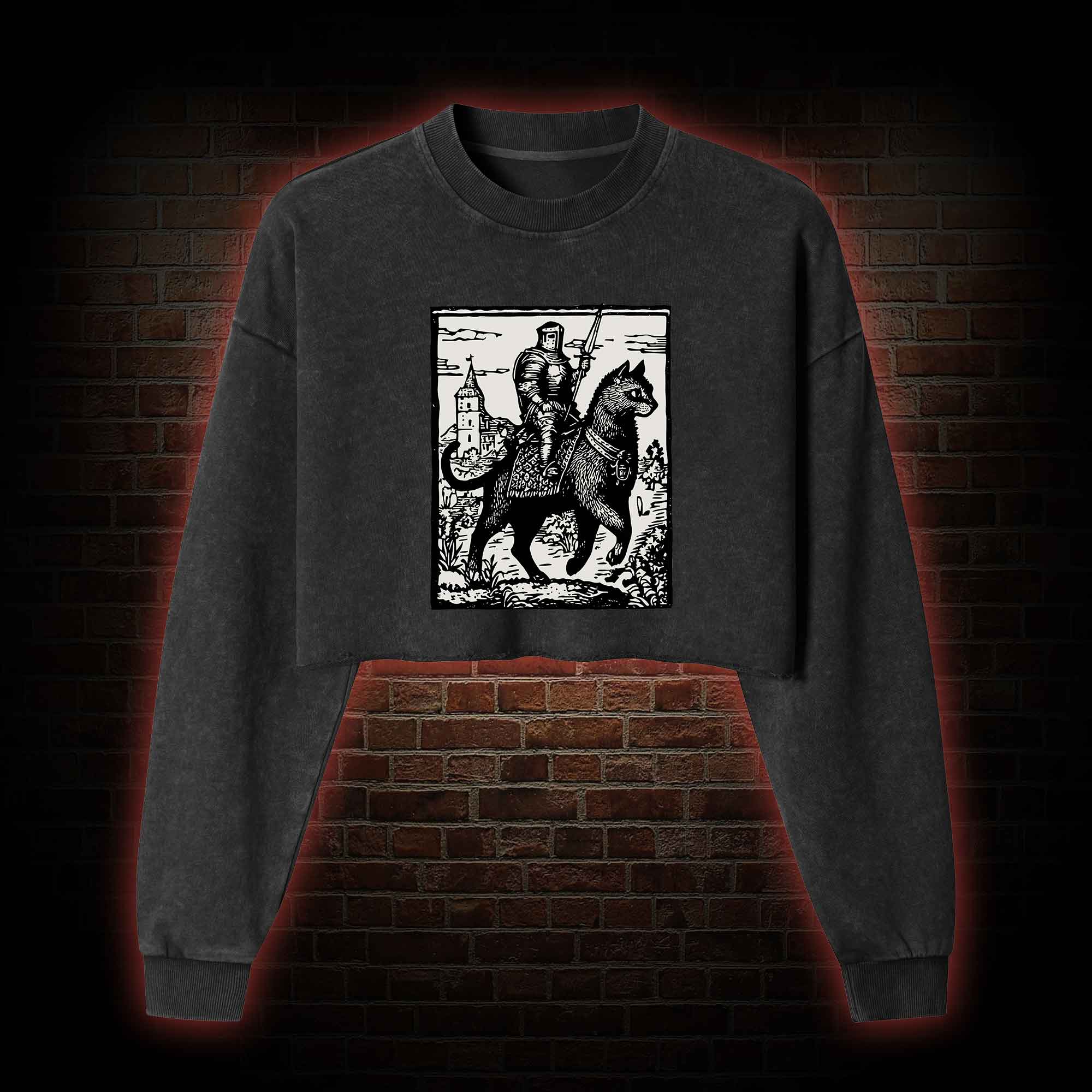 Knight Cat Rider Washed Cropped Sweatshirts