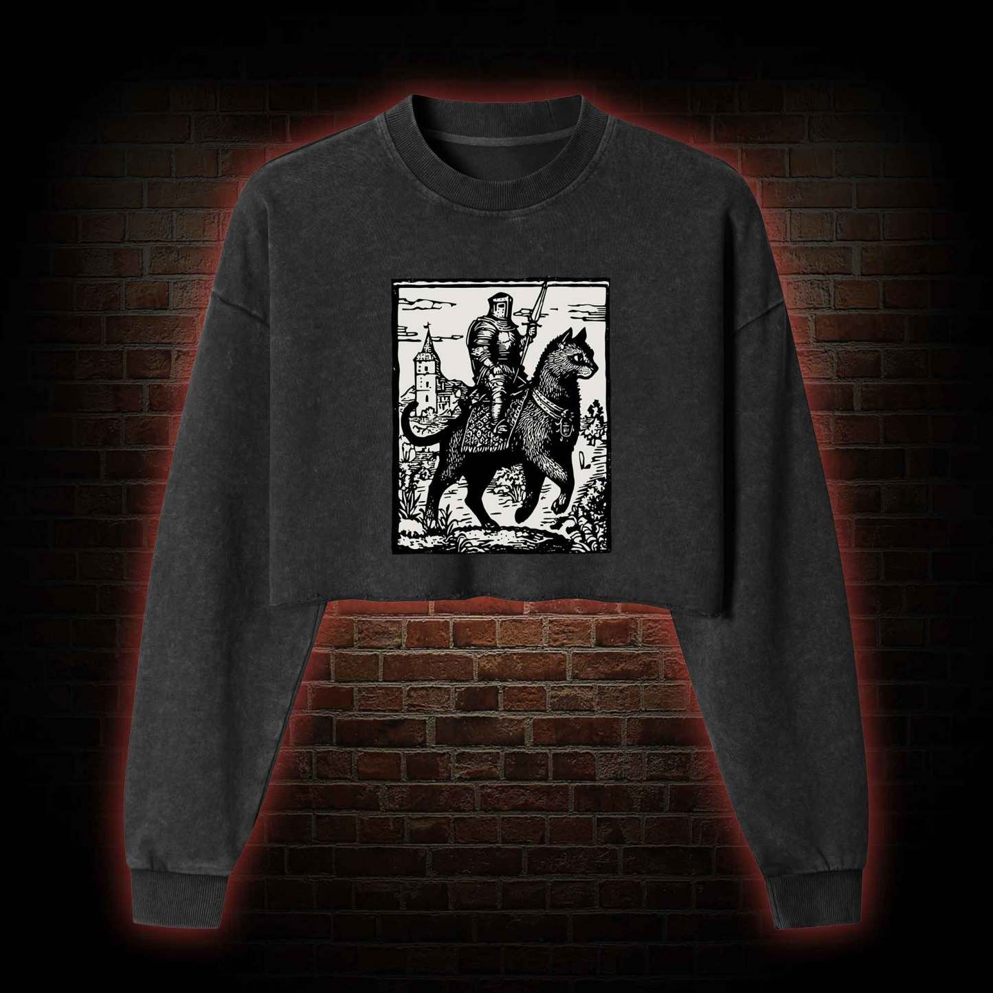 Knight Cat Rider Washed Cropped Sweatshirts